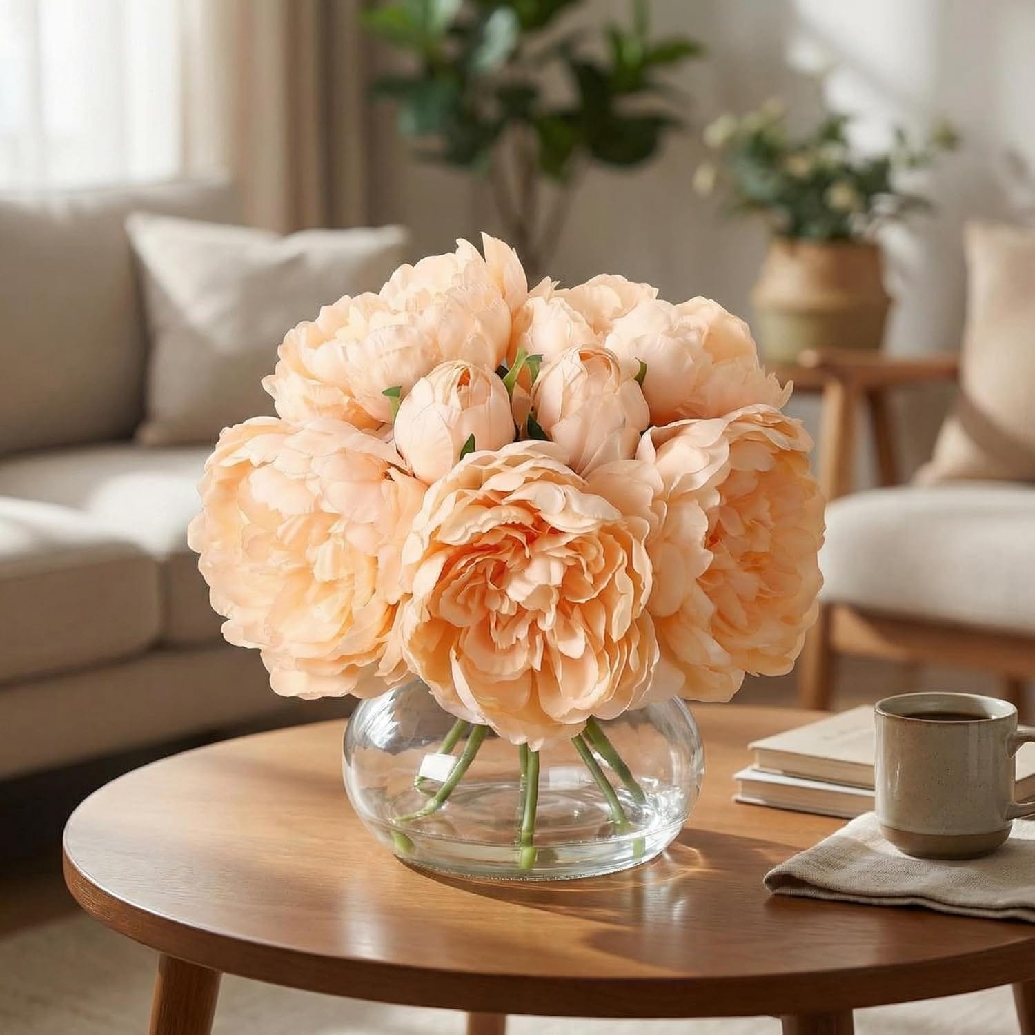 GAOMON Champagne Silk Peony in Glass Vase with Faux Water for Home Office Wedding Decor