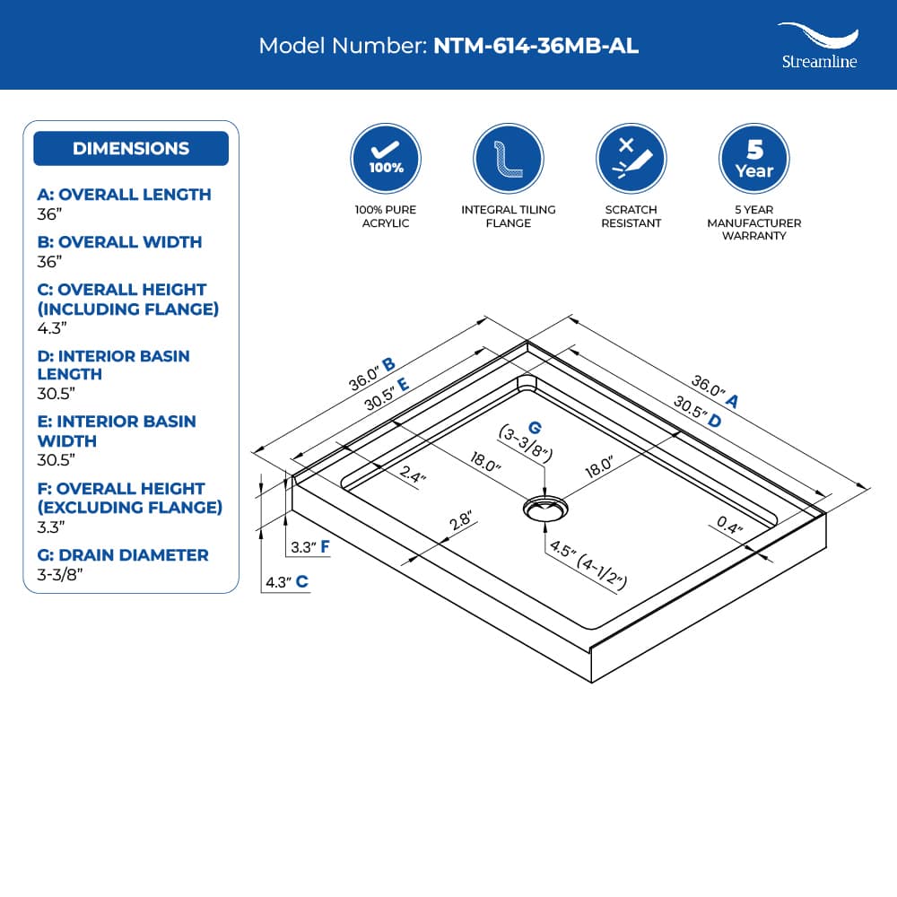 Streamline NTM-614-36MB-AL Shower-Floors - View #6