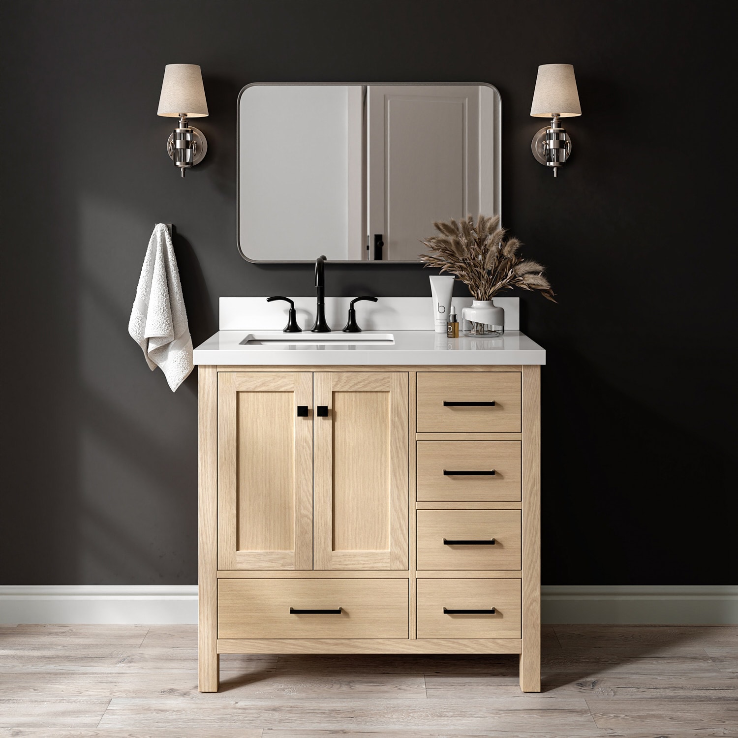 ARIEL A037SLWQRVOWOA Cambridge 36-in Oak Undermount Single Sink Bathroom Vanity with Pure White Quartz Quartz Top