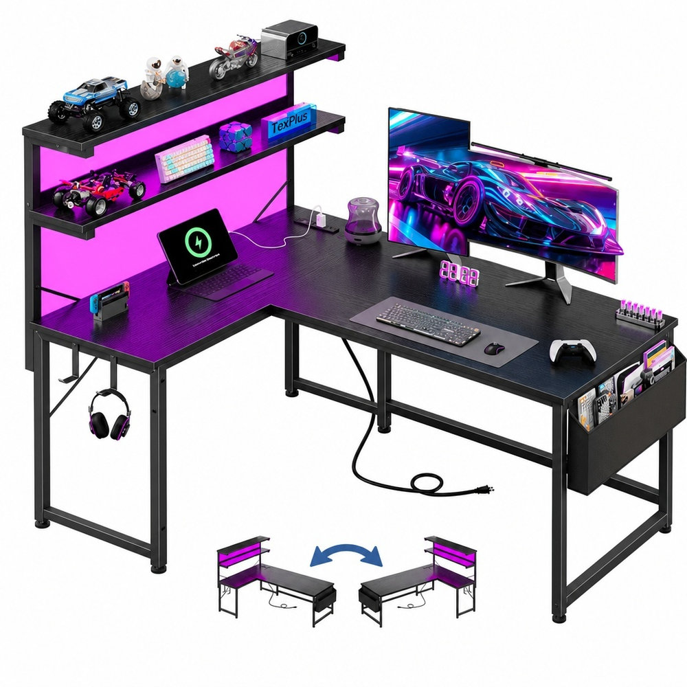 Raybee - 53-in W L-Shaped Computer Desk with LED Light and Power Outlets Gaming Desk with Storag...