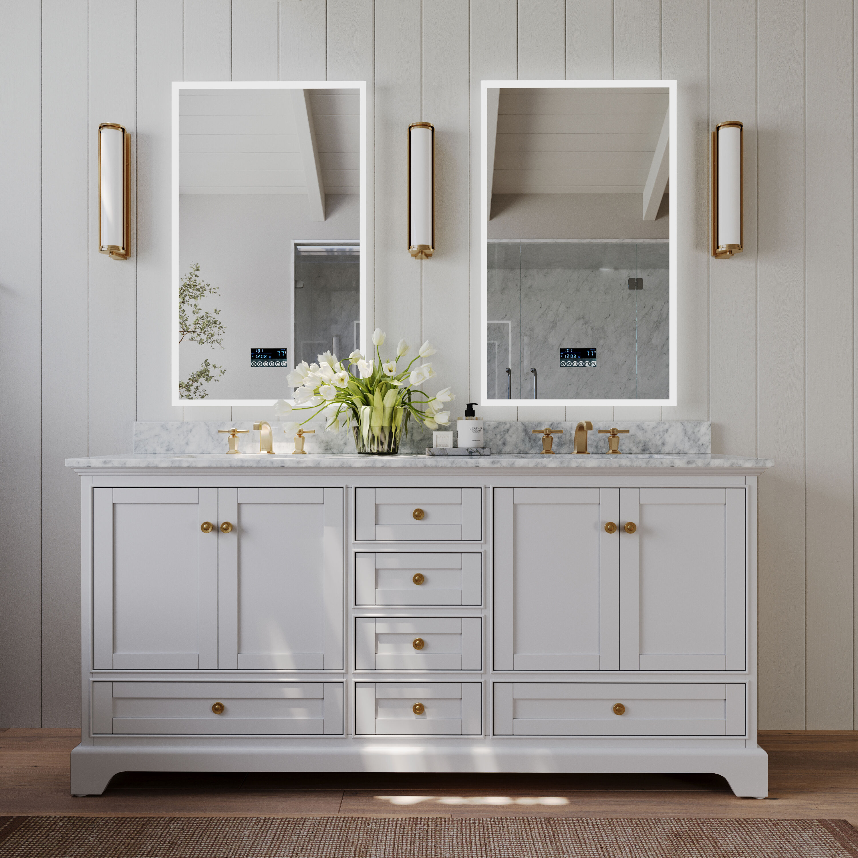 Ancerre Designs VTSAUDREY72WCWGD Audrey 72-in White Undermount Double sink Bathroom Vanity with Carrara White Natural marble Top