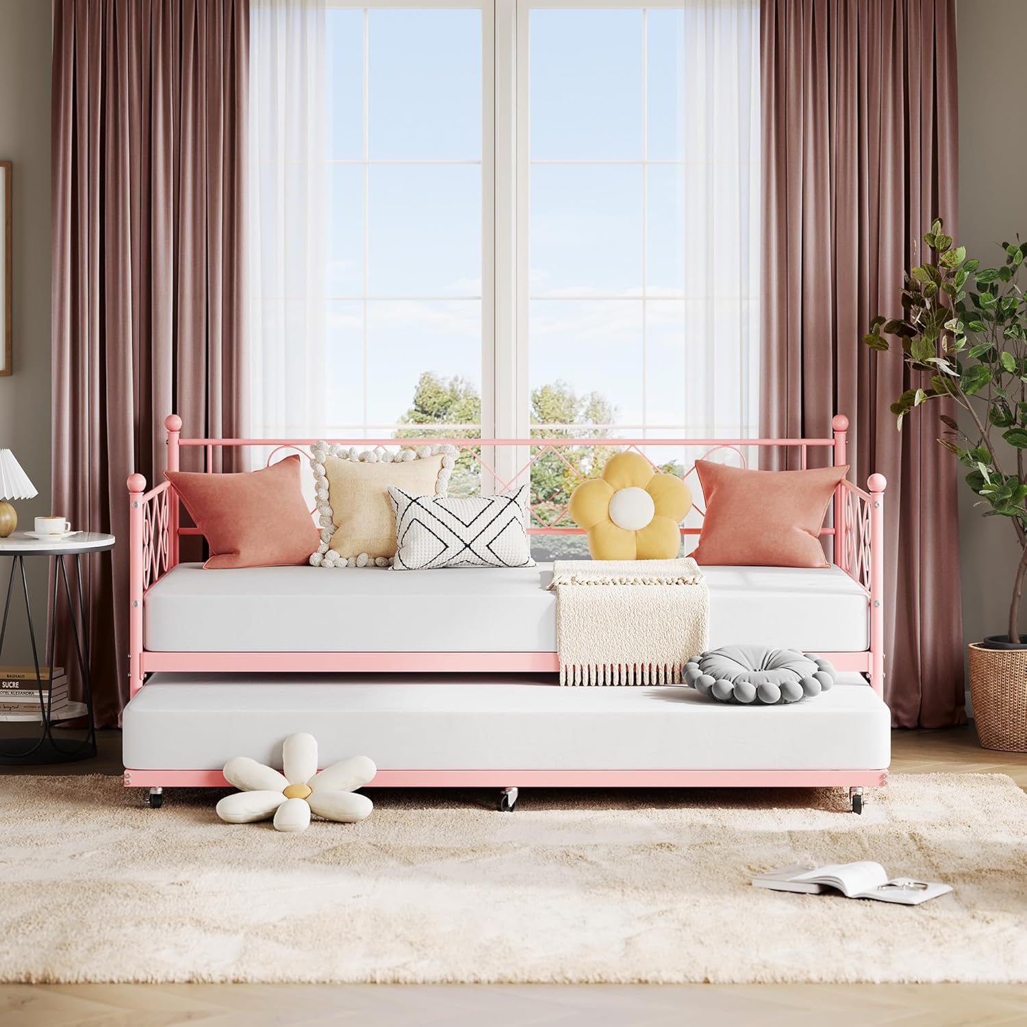 Qeetex DHZ-PHO-15DNFYKA Daybed with Trundle Twin Bed with Heart Shaped Headboard Sturdy Metal Frame with Steel Slat Support No Box Spring Needed Easy Assembly for Bedroom and Guest Room Pink