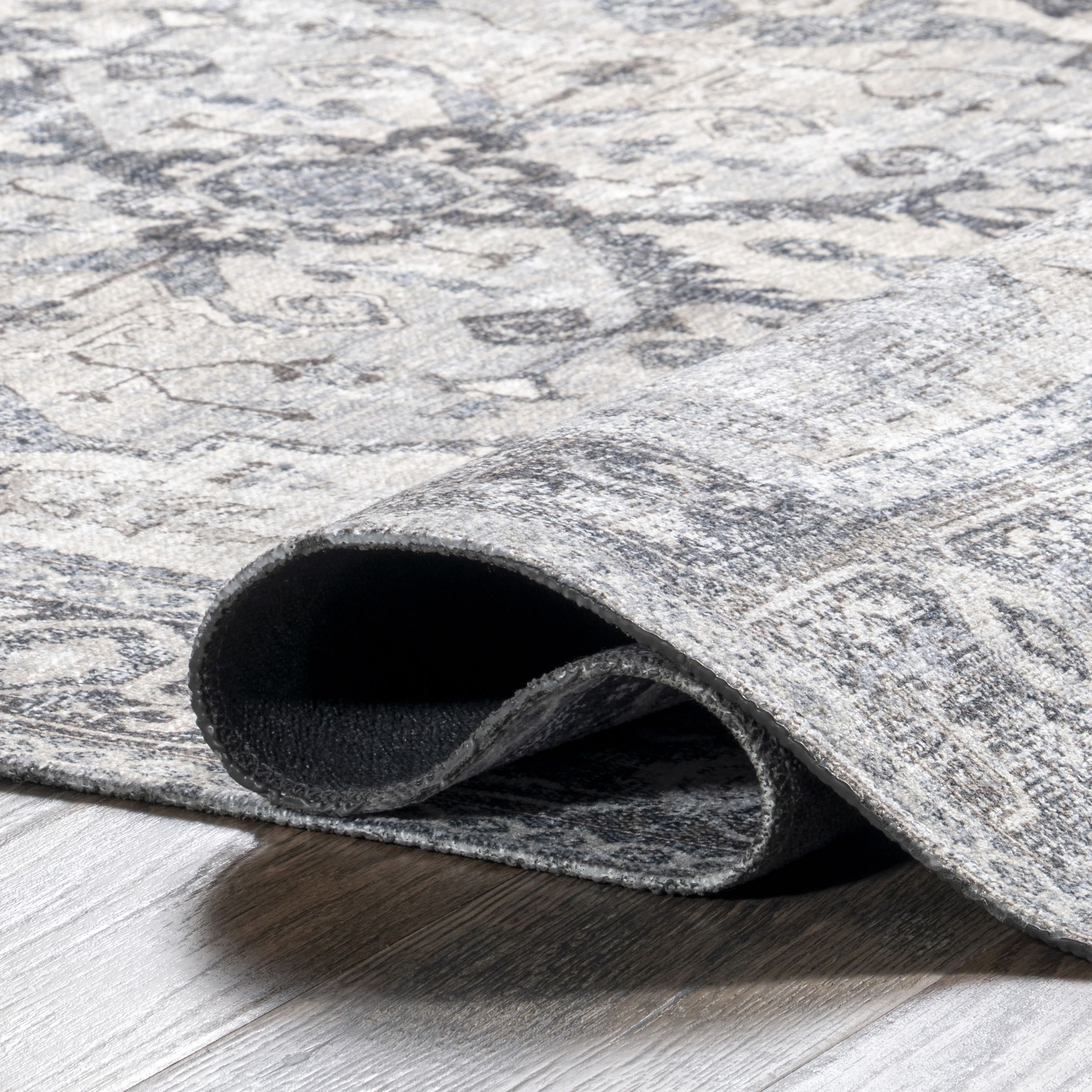 Light Gray Synthetic Washable Rectangular Area Rug with Fringed Ends