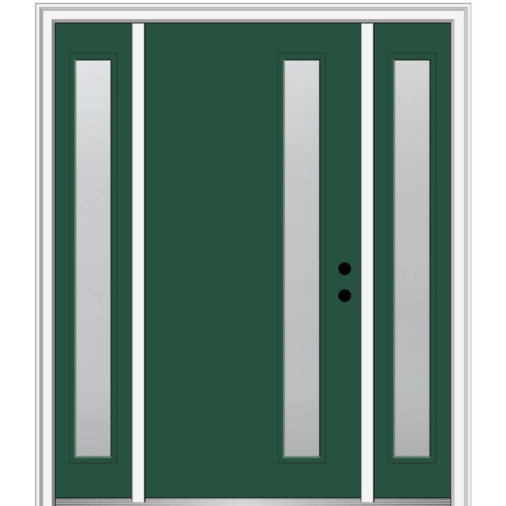 MMI DOOR ZZ347166L Spotlights 60-in x 80-in x 4-9/16-in Fiberglass Pulse lite Left-hand inswing Hunter Green Painted Prehung Front Door with Sidelights with Brickmould Insulating core
