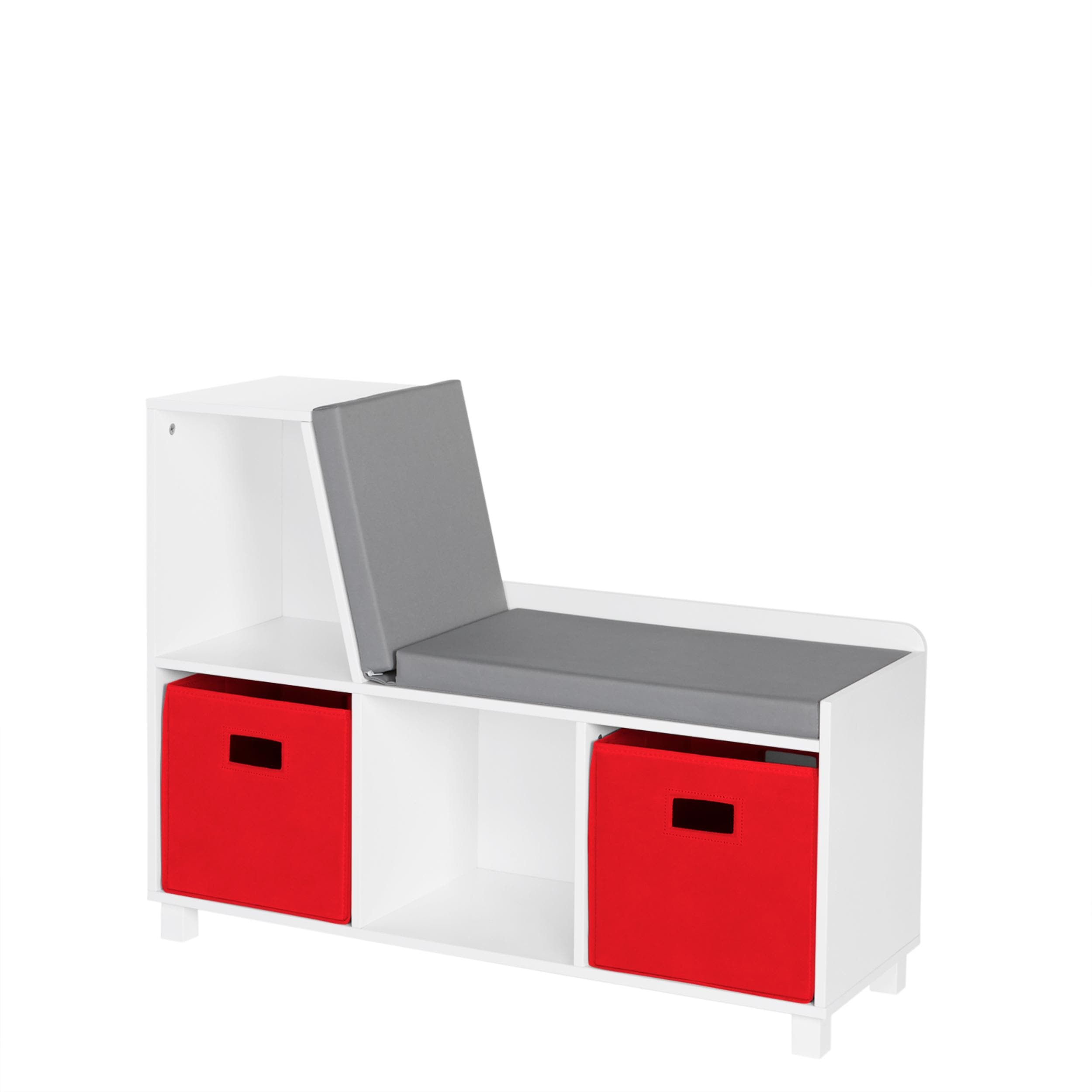 RiverRidge 02-174K Book Nook Storage Bench Casual White with 2 Pc Red Bins Storage Bench with Storage 35-Inches x 12.38-Inches x 26.5-Inches