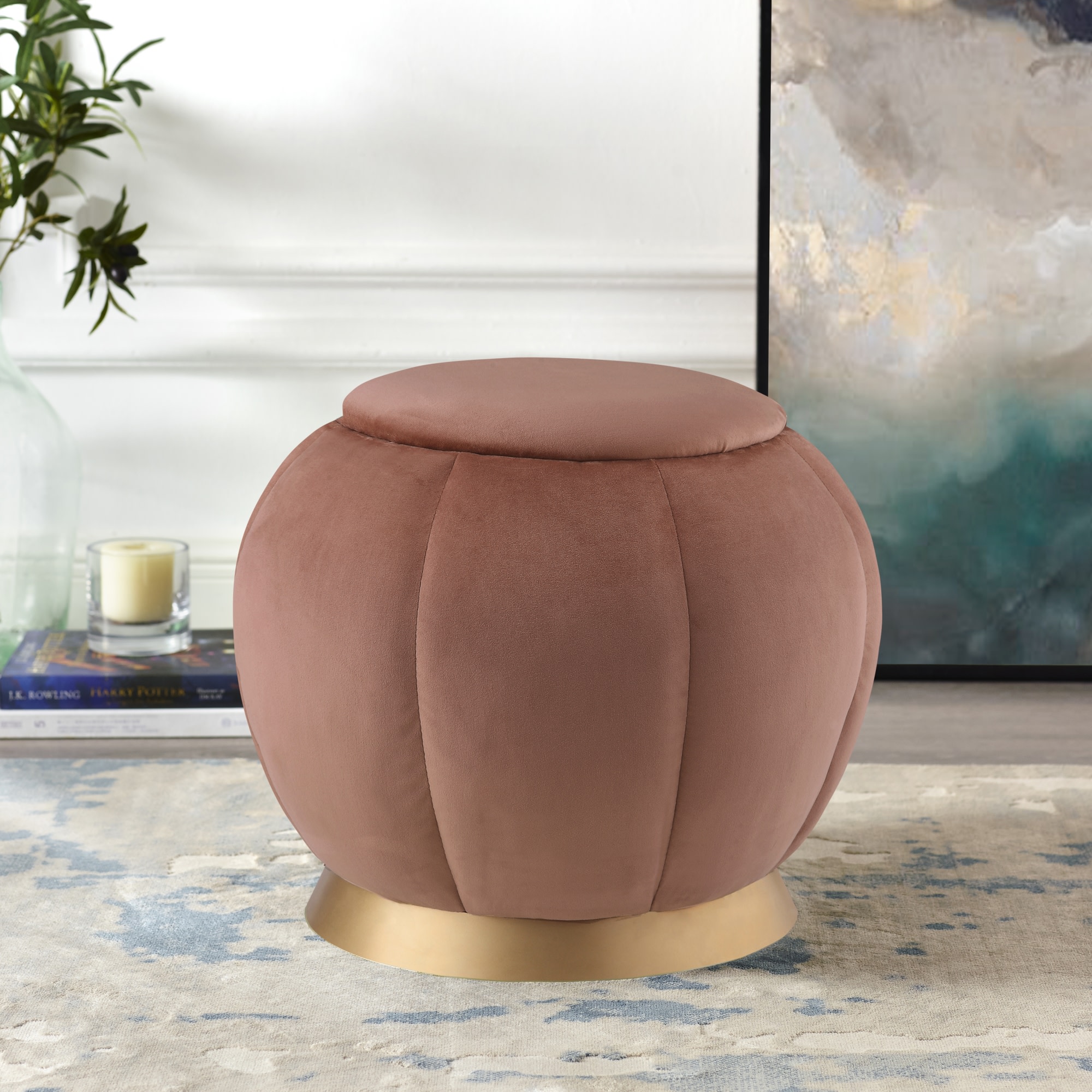 Nicole Miller Zane Modern Blush Gold Velvet Round Ottoman In The