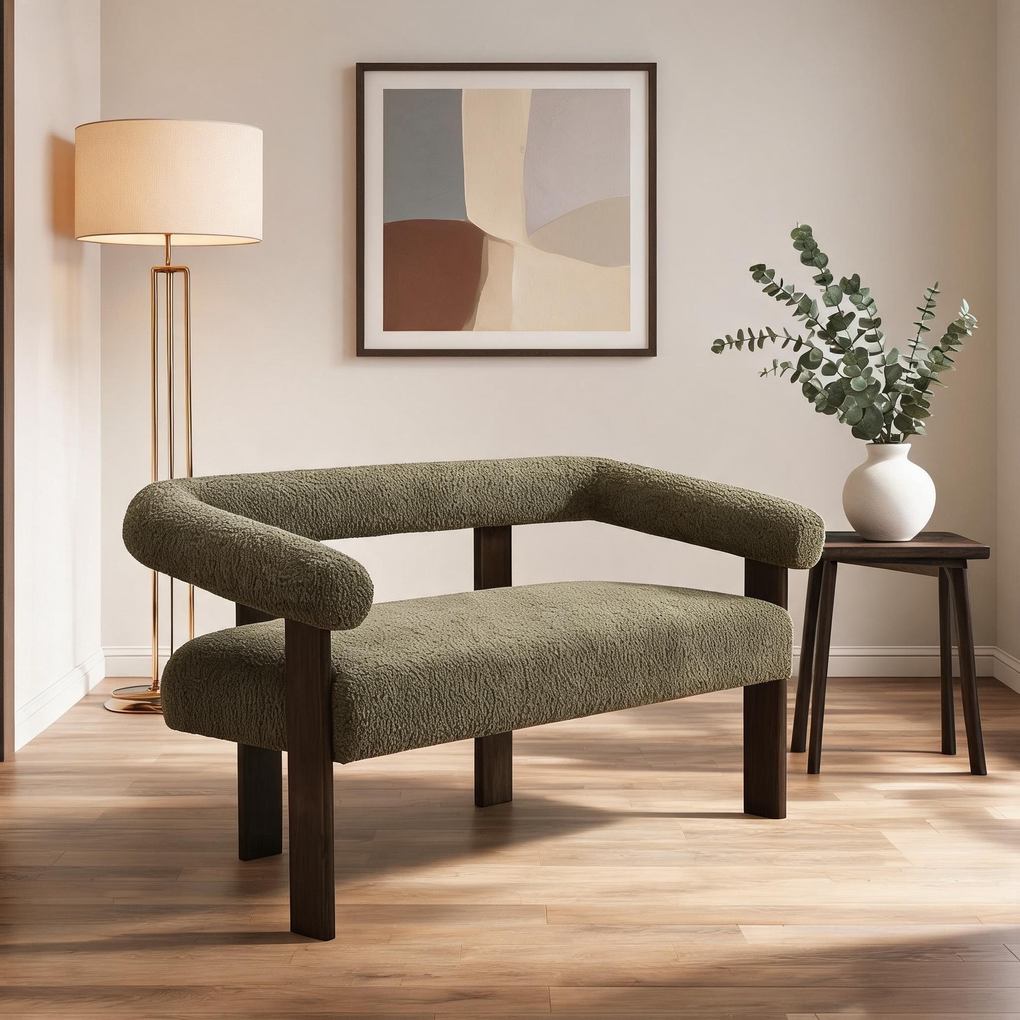 UOI 53 inch x 25 inch x 30 inch Green and Brown Boucle Fabric Loveseat with Curved Armrests and High-Density Foam