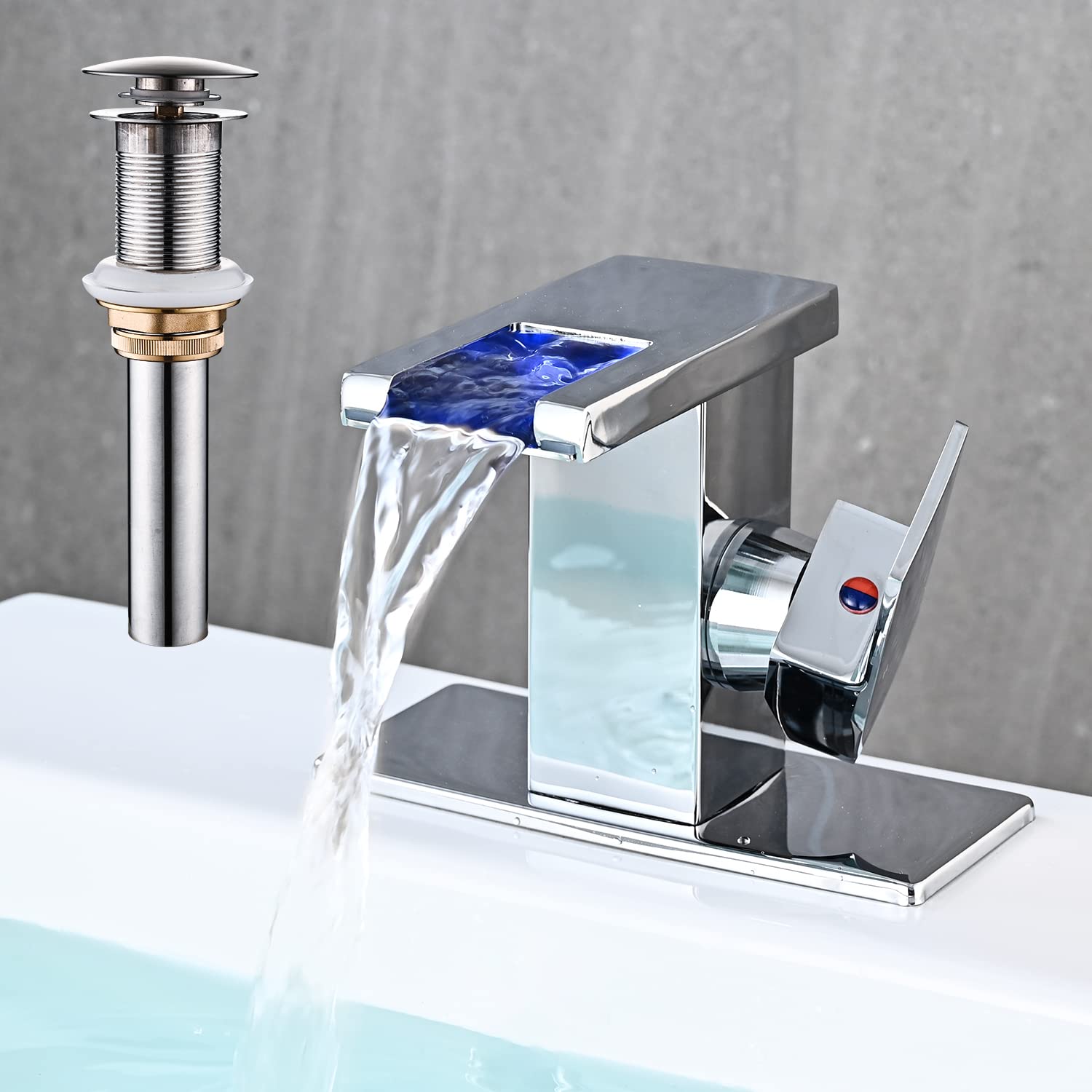 AVSIILE Single Hole Waterfall Bathroom Sink Faucet with LED Temperature Display Chrome Finish Side Handle Pop Up Drain and Supply Lines Included