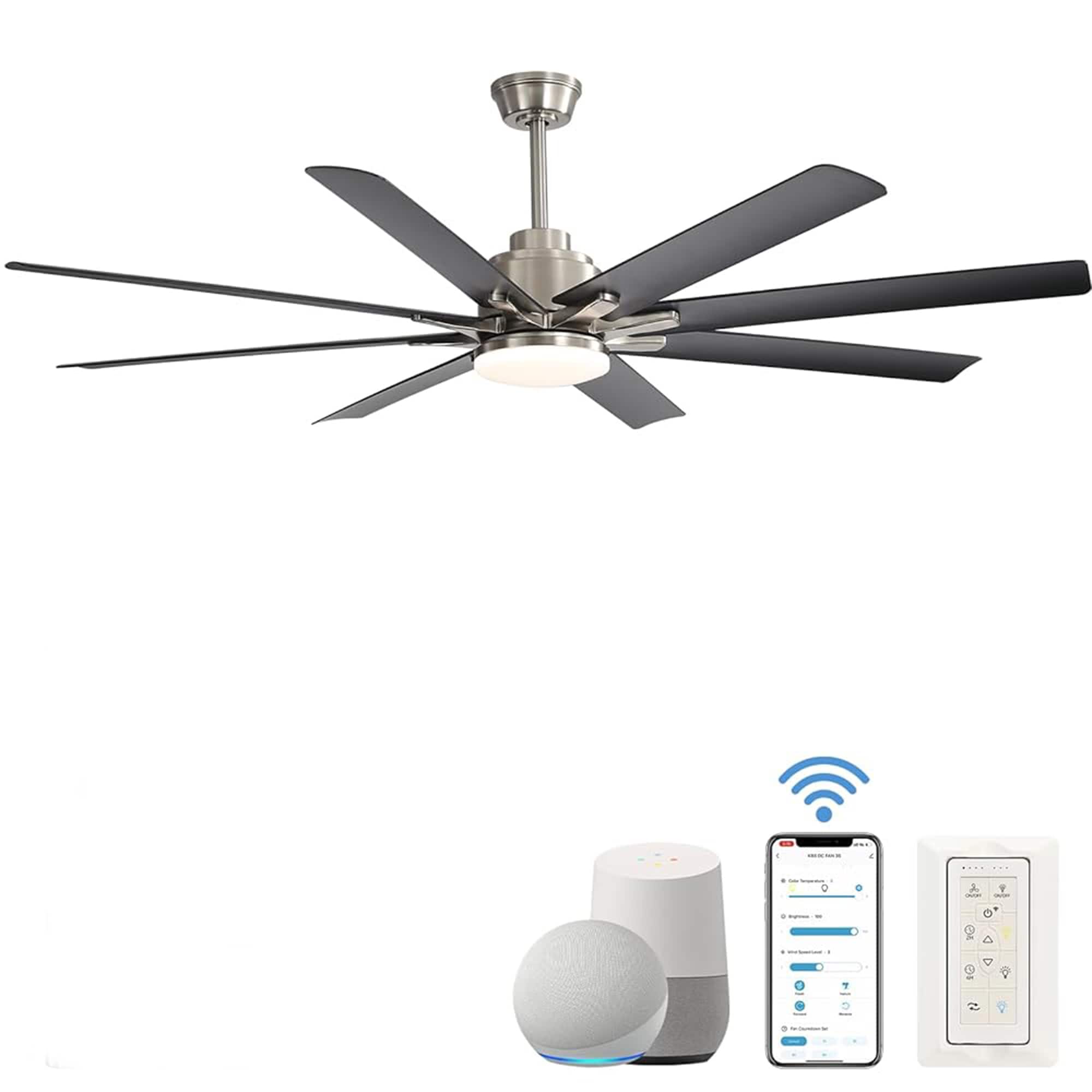 SINOFURN SYD130012SL 66-in Color-Changing Integrated LED Outdoor Smart Nickel with Finished Blades Ceiling Fan With Light - Remote Included ( 8 -Blade )