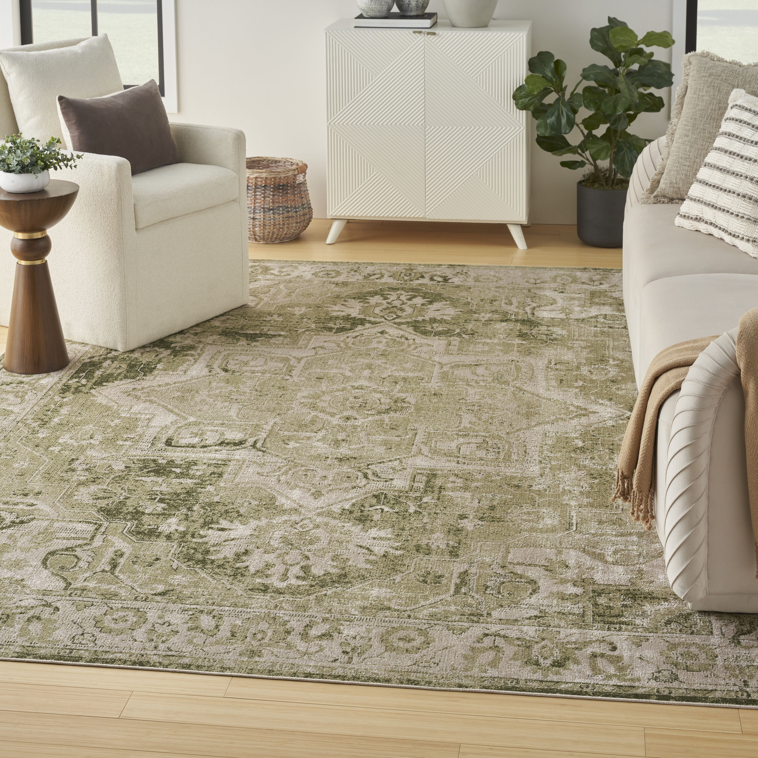 Nourison Home 099446964595 7 x 9 (ft) Loomed Polyester Ivory Green Rectangular Indoor Abstract Persian Machine washable Area rug