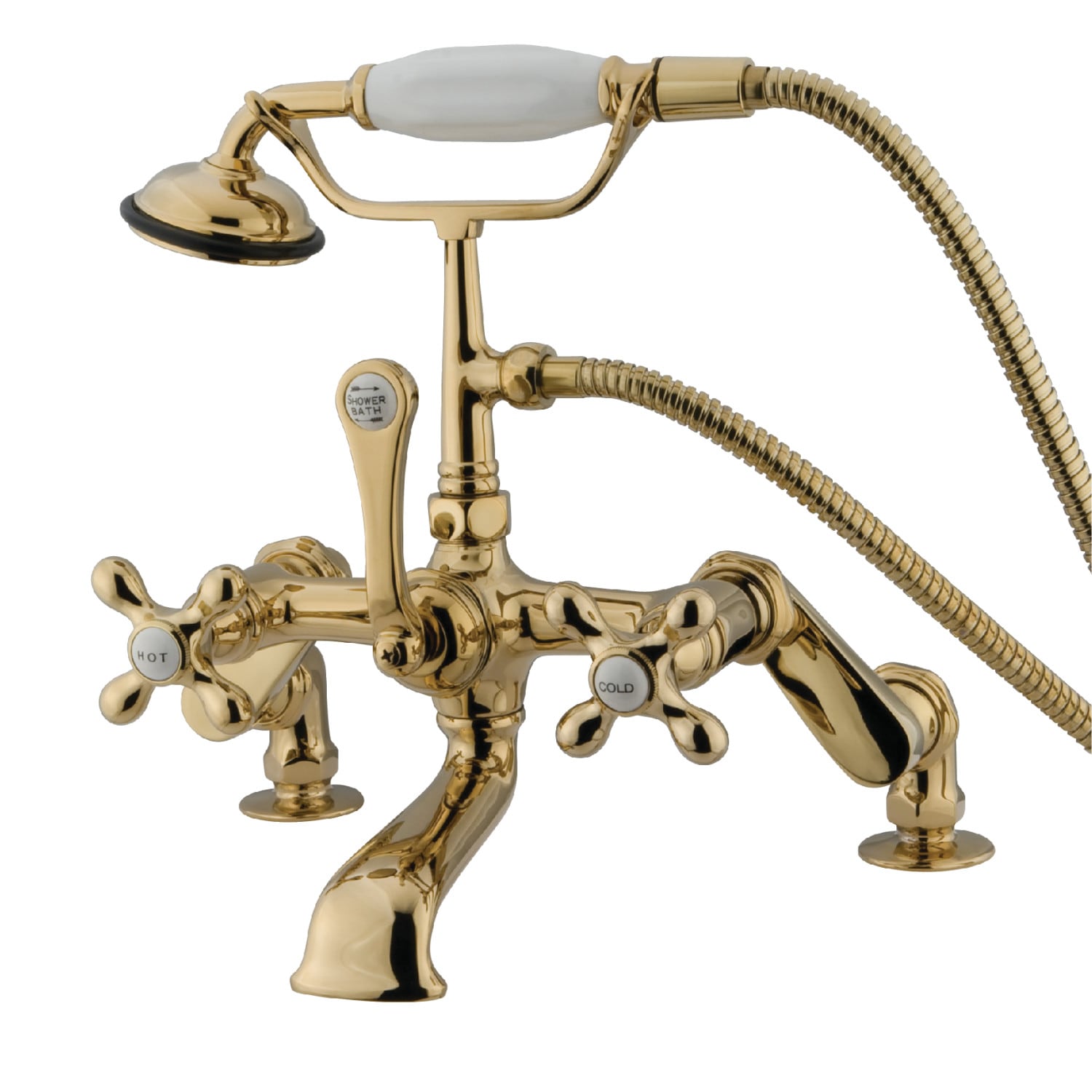 Kingston Brass Vintage Polished Brass 3 Handle Deck Mount Roman Low Arc Bathtub Faucet With Hand 0632