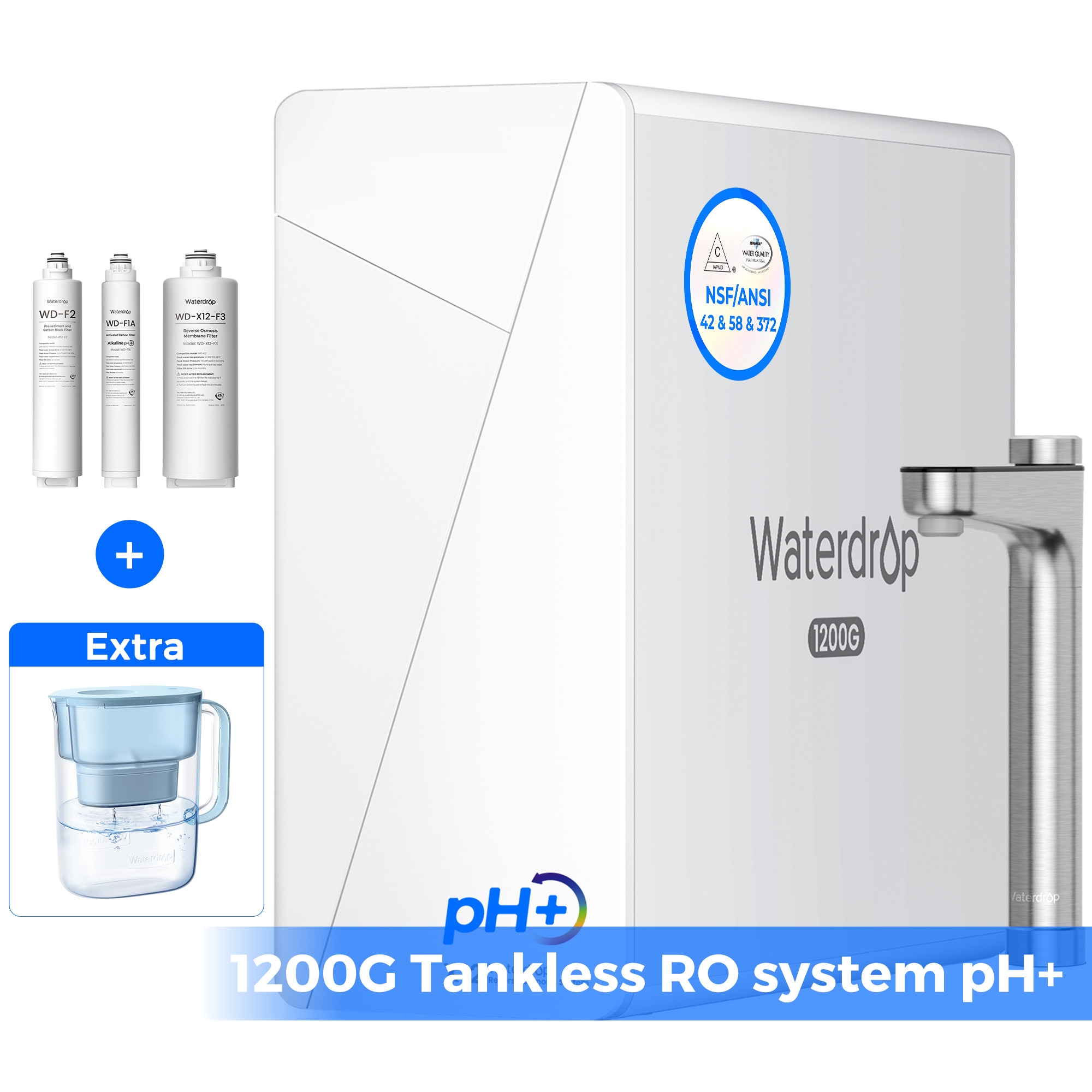 Waterdrop 11-stage X12 with PT Pitcher Composite/Activated carbon Reverse Osmosis Filtration Under Sink Water Filtration System with LED Purifier Stainless Steel Smart faucet Faucet #BL-WD-X12-07B