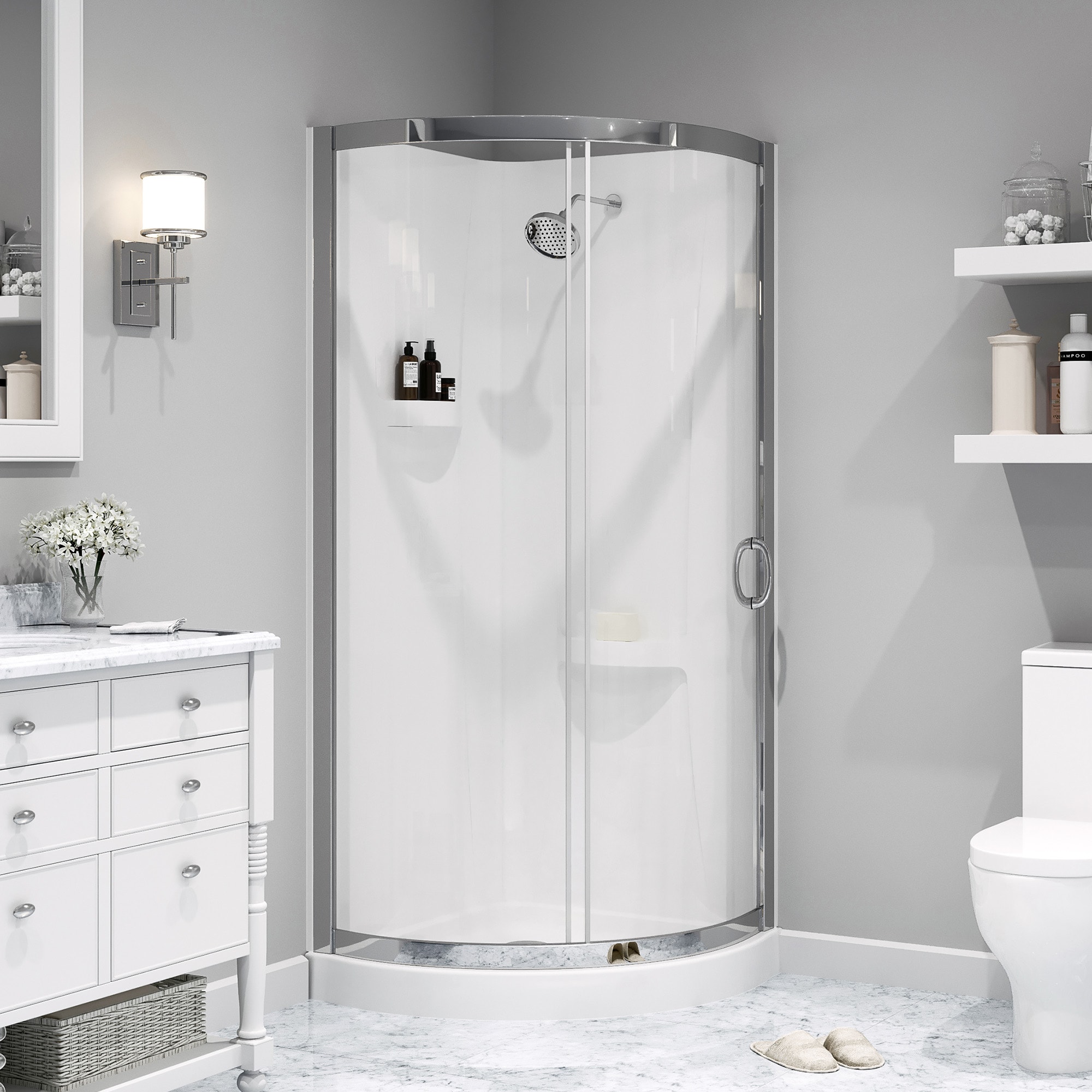 Small corner shower enclosure, curved & stand up corner shower