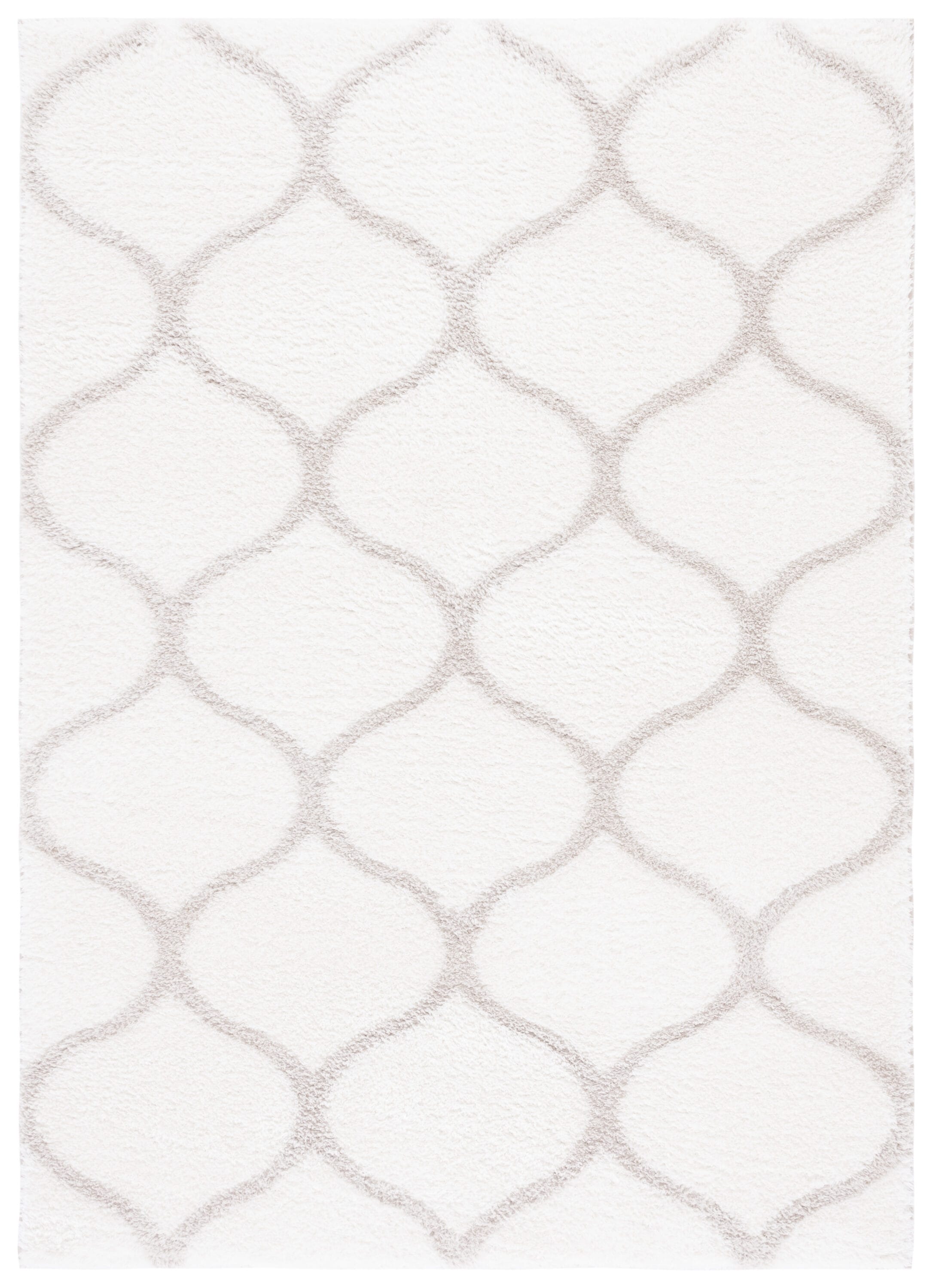 Hand-Knotted White and Silver Geometric Shag Rug, 6'7" x 8'7"