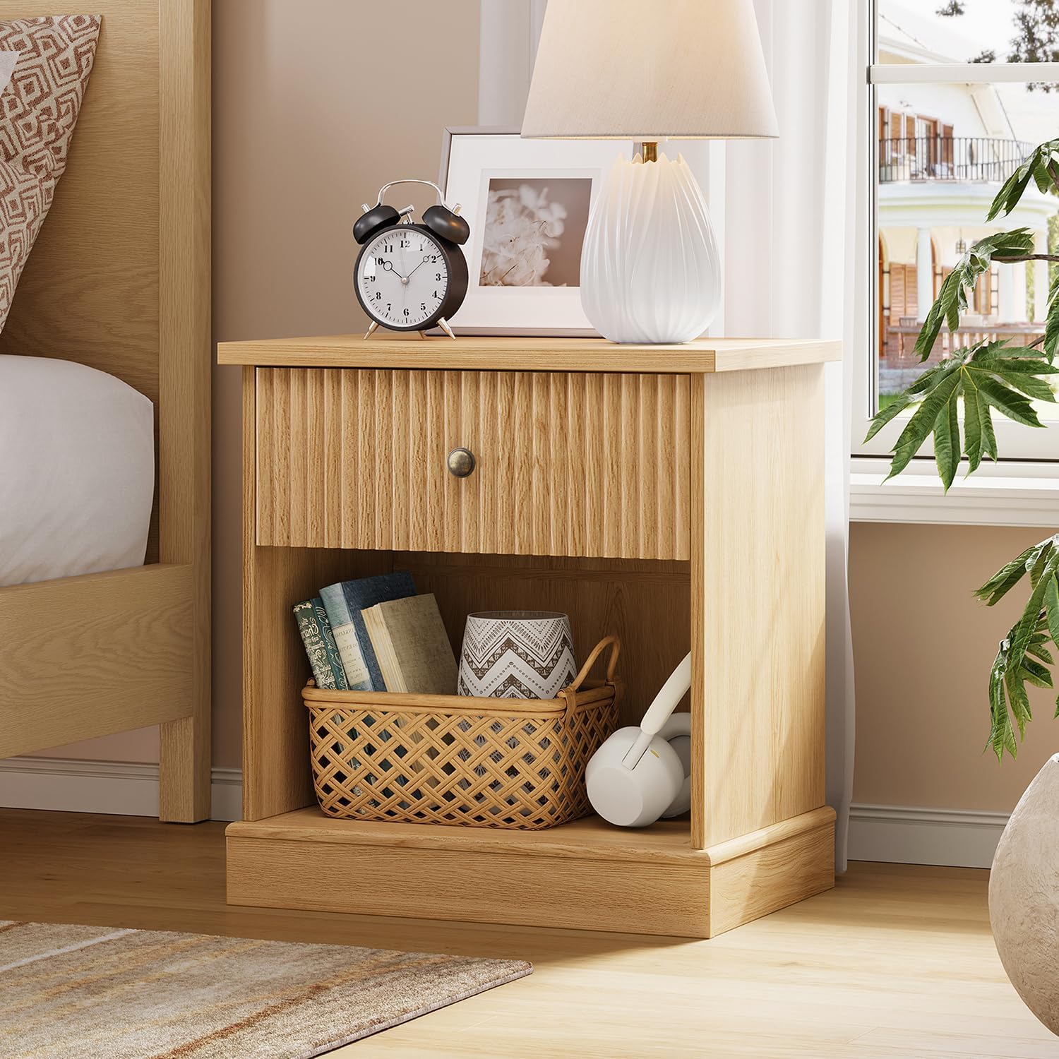 Garvee Set of 1 Fluted Nightstand with Drawer Mid Century Modern Bedside Table with Open Shelf Nightstand with Storage Space Saving Side Table with Curved Edge Base for Living Room Bedroom Natural