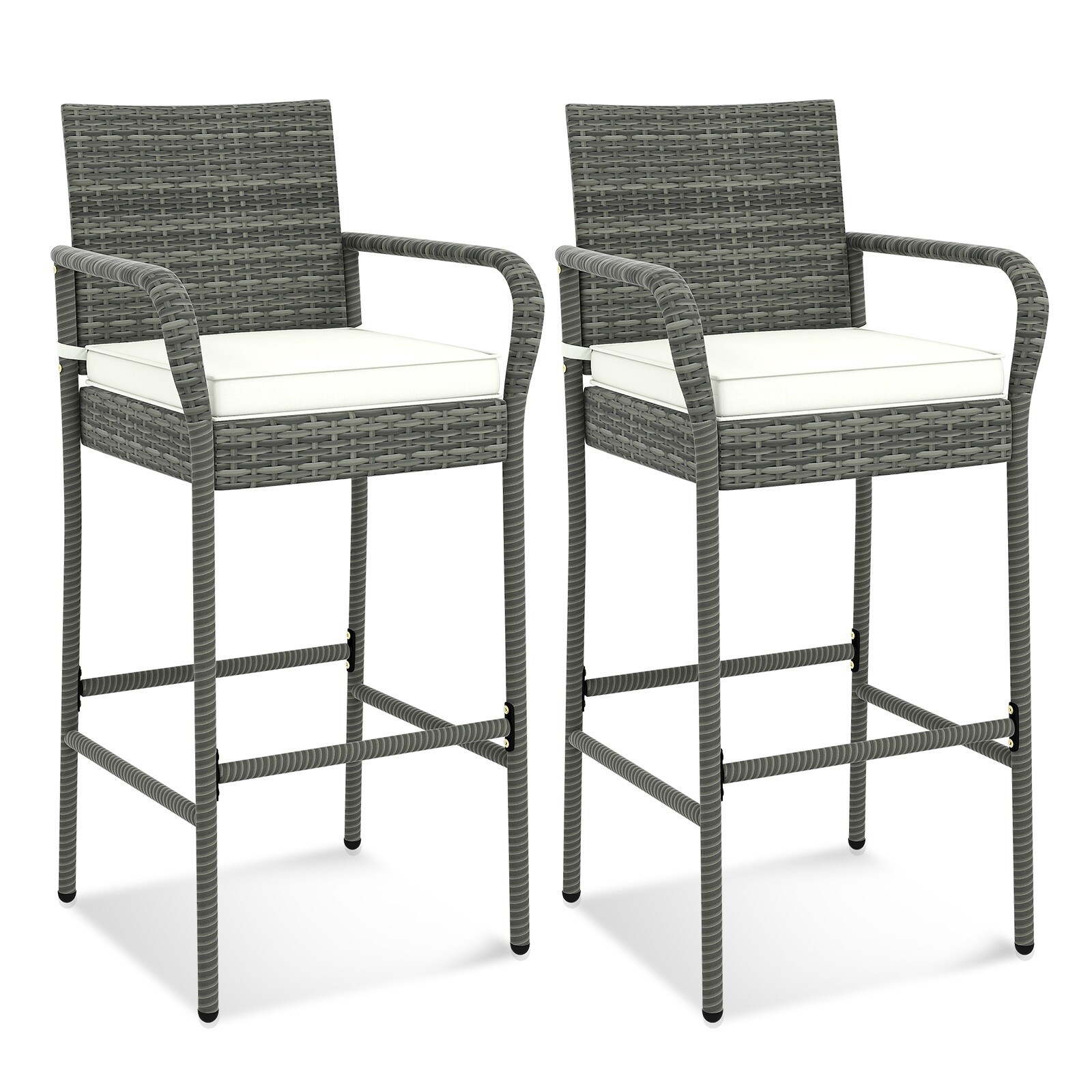 Slickblue Set of 2- Mix Gray with Off-White 30 Inch H Patio Wicker Bar Stool with Cushion Metal Frame Footrest for Backyard Porch Balcony Poolside