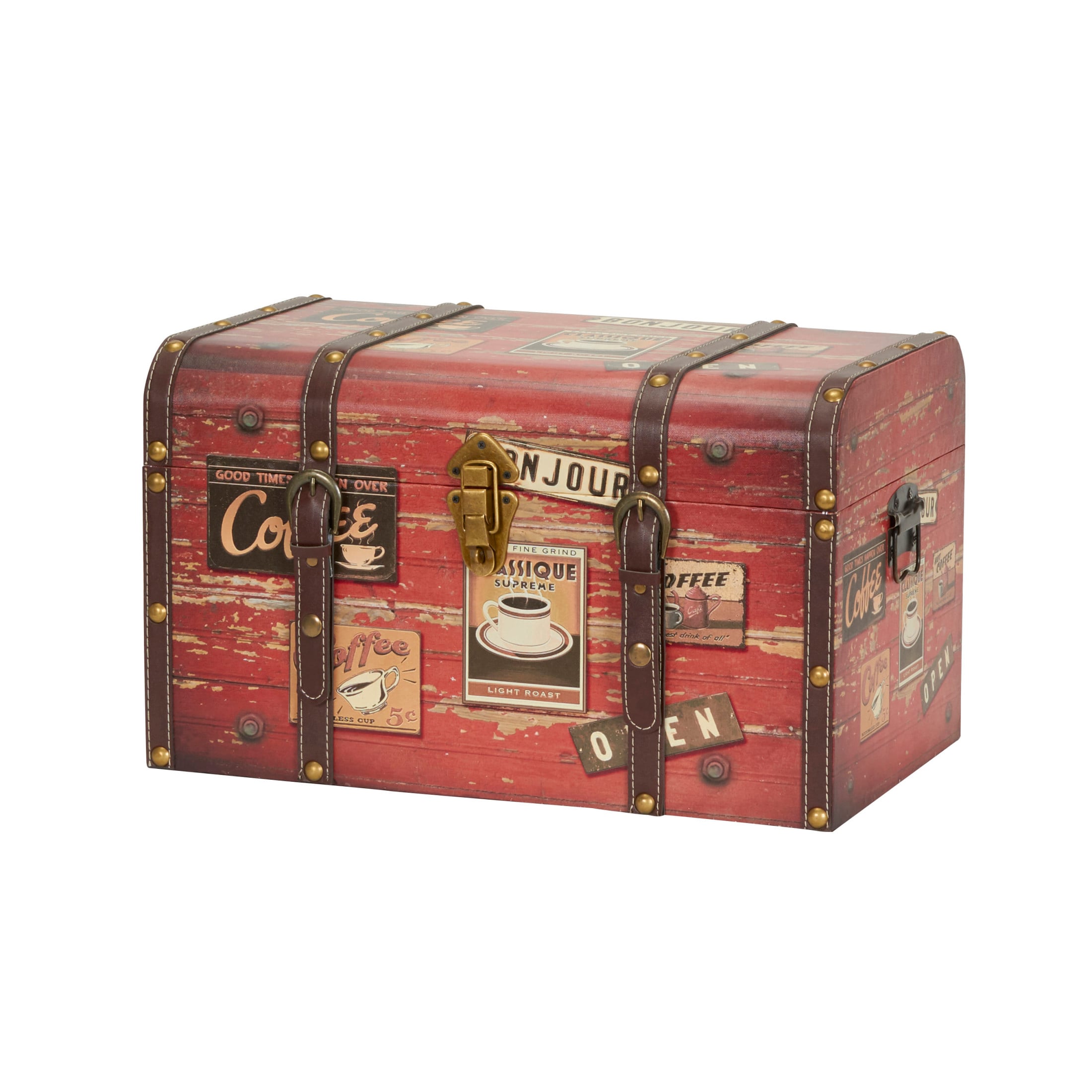 Household Essentials Medium Decorative Trunk Coffee Shop Faux Decoupage Antique Exterior Leather and Metal Accents Fabric Interior Hinged Lid Brown #HH9245-1
