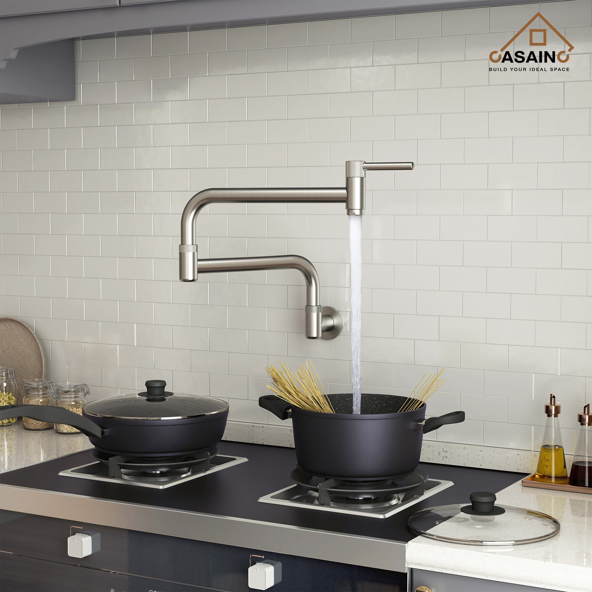 CASAINC RB0781-WE Brushed Nickel Single Handle Wall-mount Pot Filler Kitchen Faucet