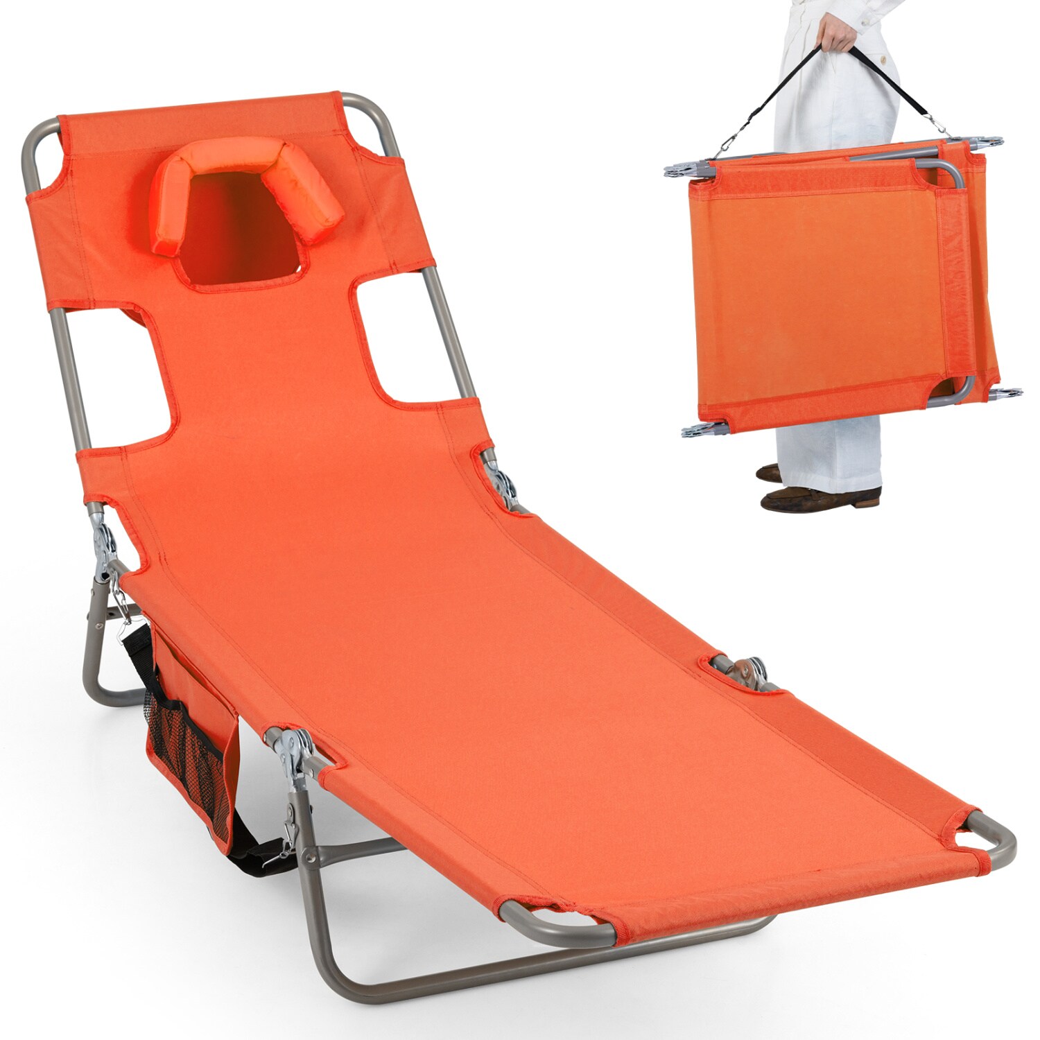 Slickblue - Metal Folding 5-Level Adjustable Beach Lounge Chair Face down Tanning Chair with Face...