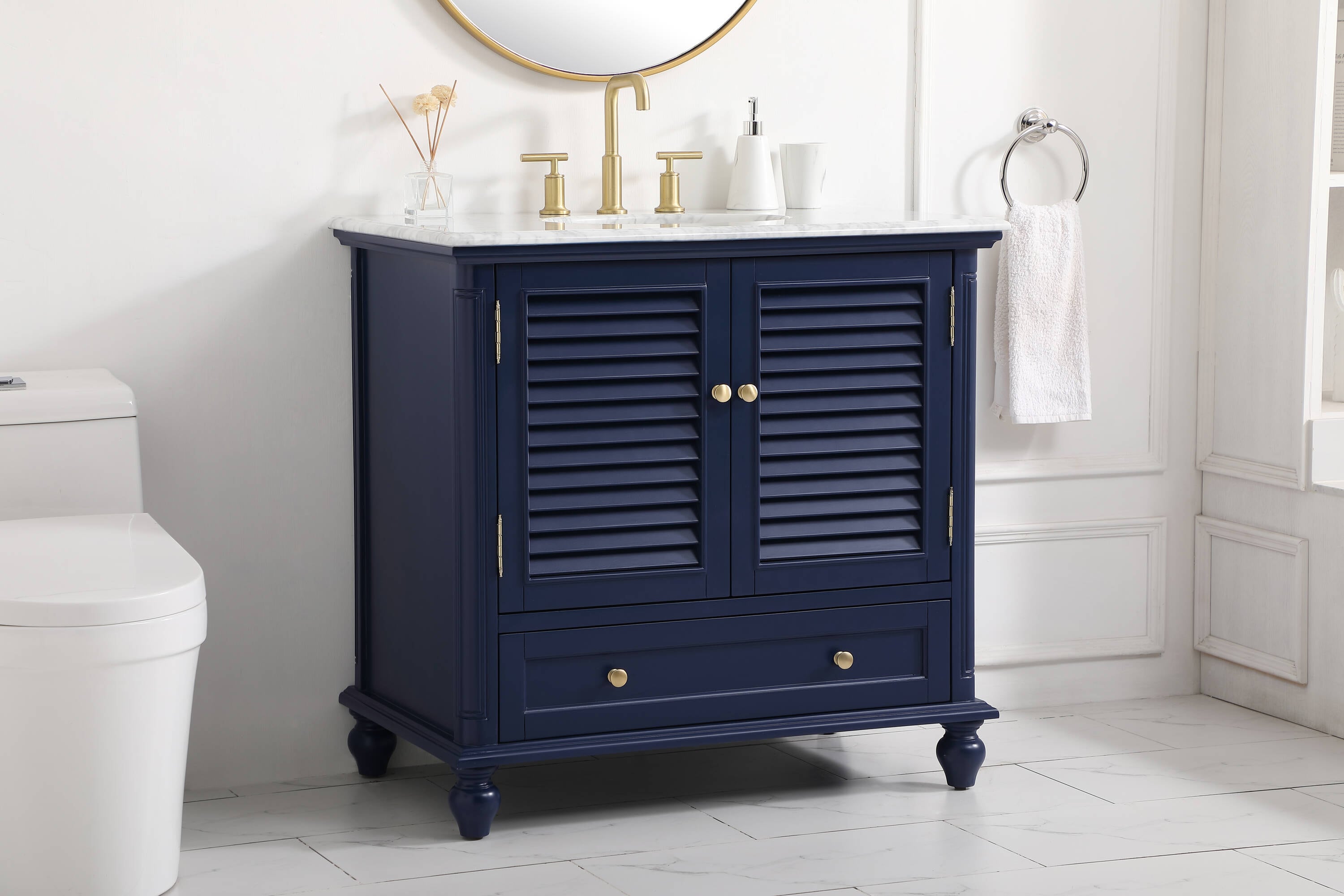 Rhodes 36" Blue Solid Wood Single Bathroom Vanity with Marble Top