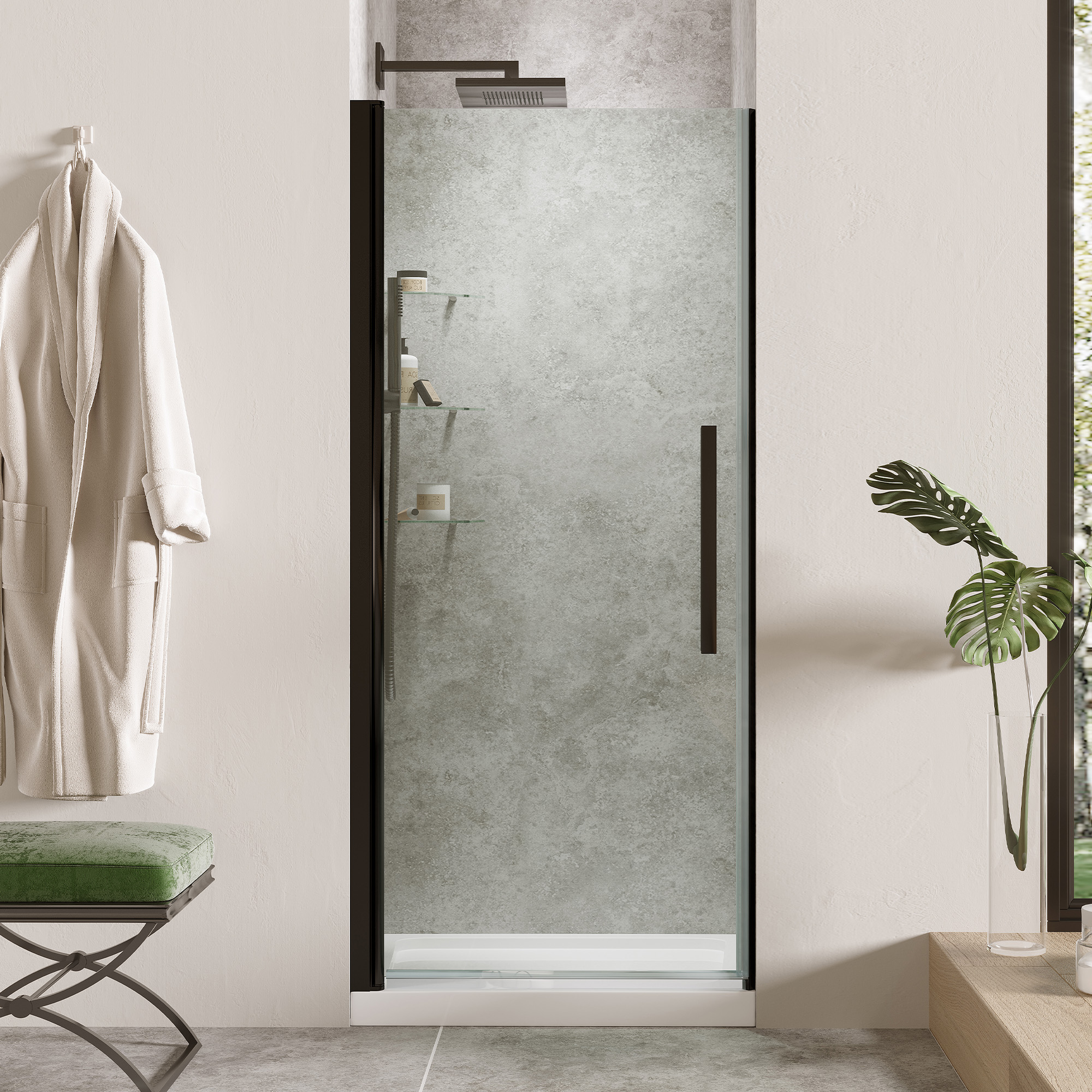 OVE Decors 828796076715 Pasadena 34-in W x 32-in L x 75-in H Rectangular Alcove shower kit ( Center Drain) Base and Door Included Satin black Hardware Included