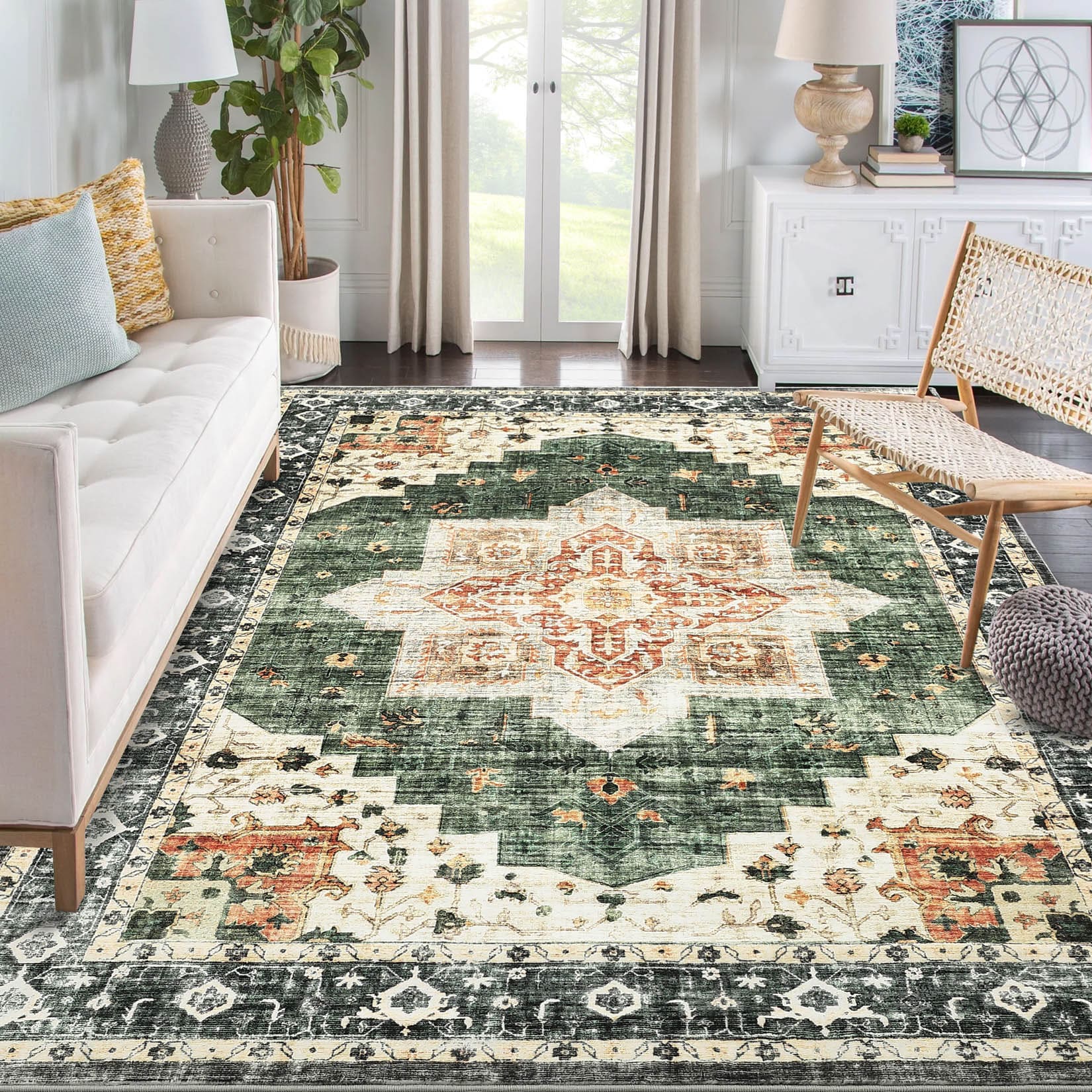 Garvee YXY-LO-PHO-0YI4ID8N 9 x 12 (ft) Loomed Green Rectangular Indoor Medallion Persian Machine washable Area rug