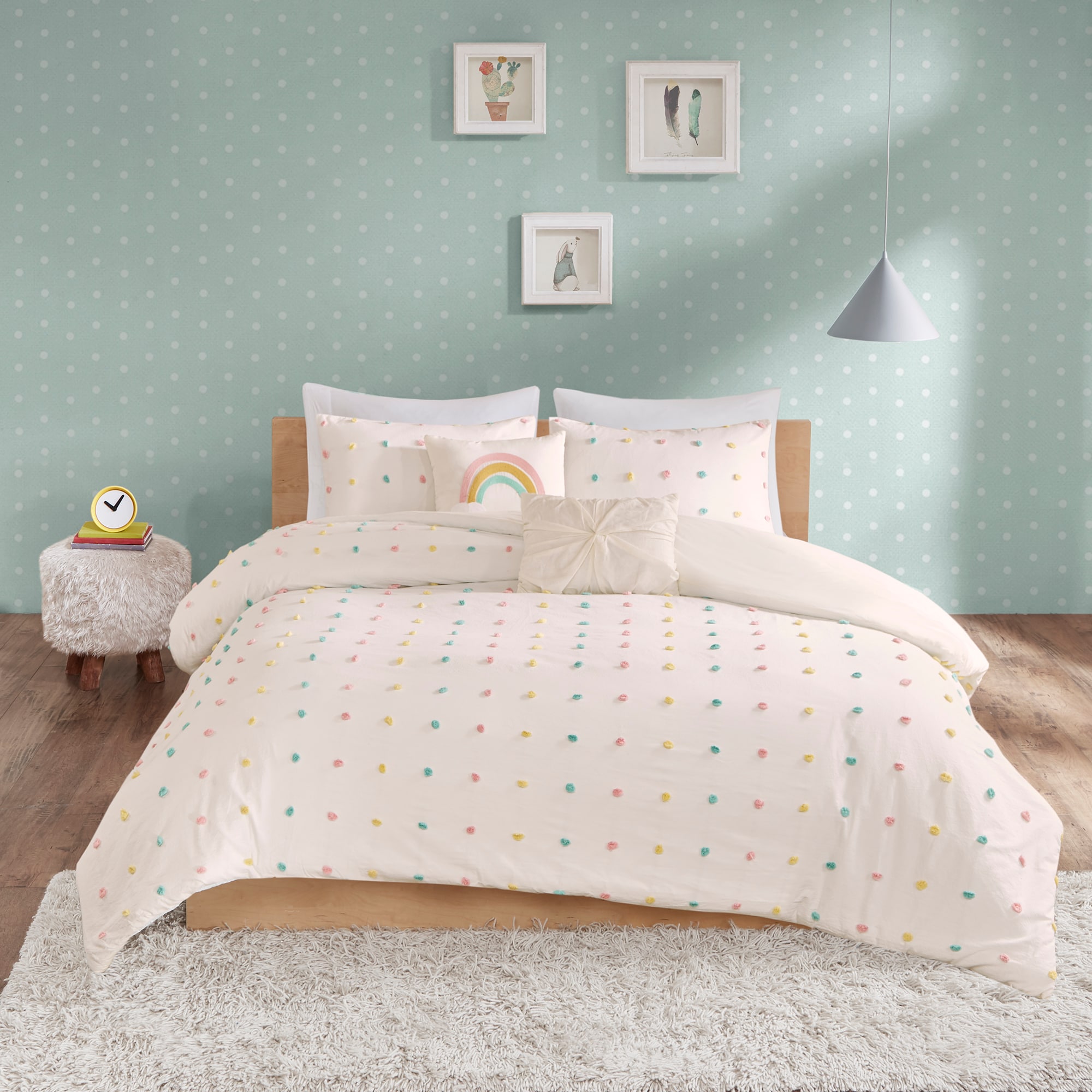 Full Multicolor Cotton Jacquard Pom Pom Comforter Set