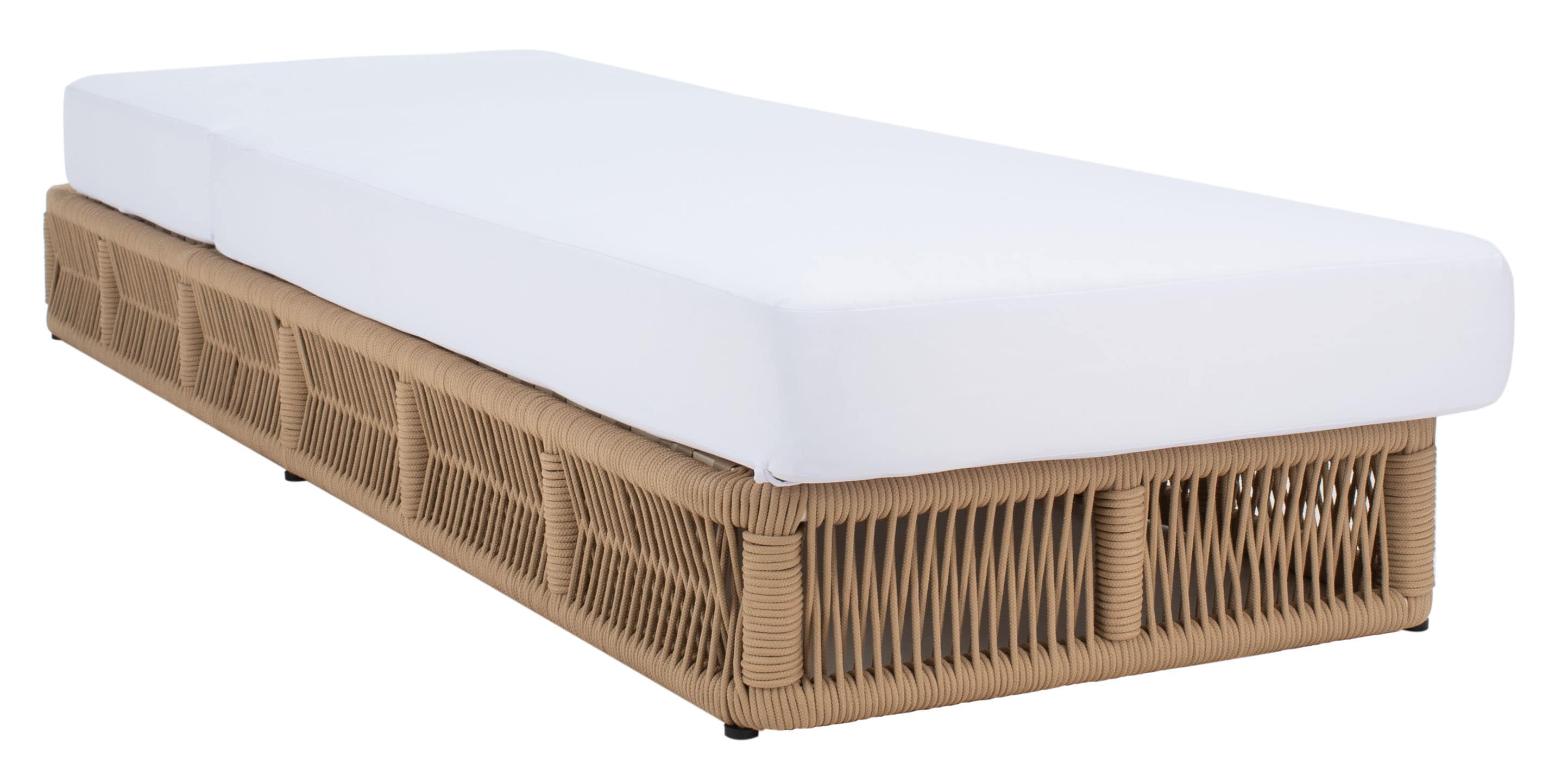 Tan Rope Wicker Armless Chaise with White Cushions