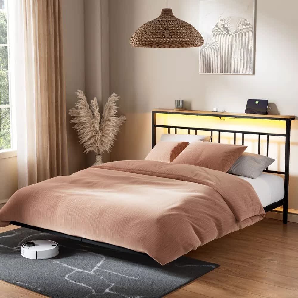 Aok Garden - Full Floating Metal Platform Bed LED Lights Charging Station Headboard Under-bed Sto...
