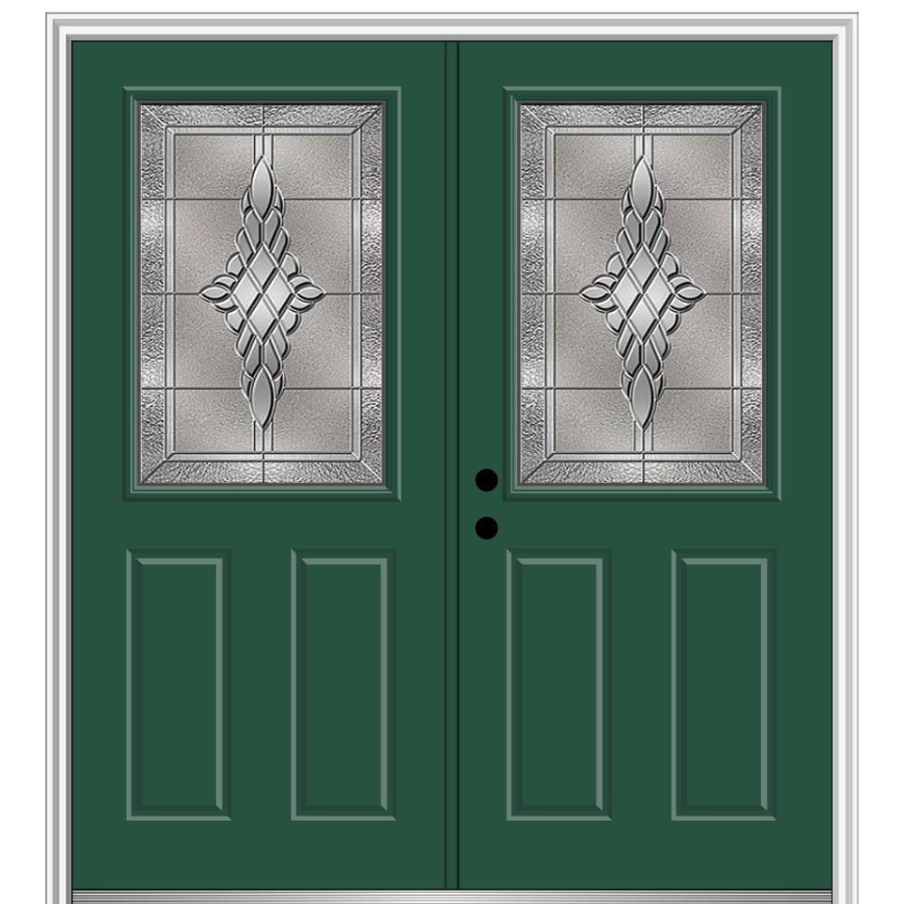 MMI DOOR ZZ366170R 64-in x 80-in x 6-9/16-in Fiberglass Half lite Right-hand inswing Hunter Green Painted Prehung Double Front Door with Brickmould Insulating core