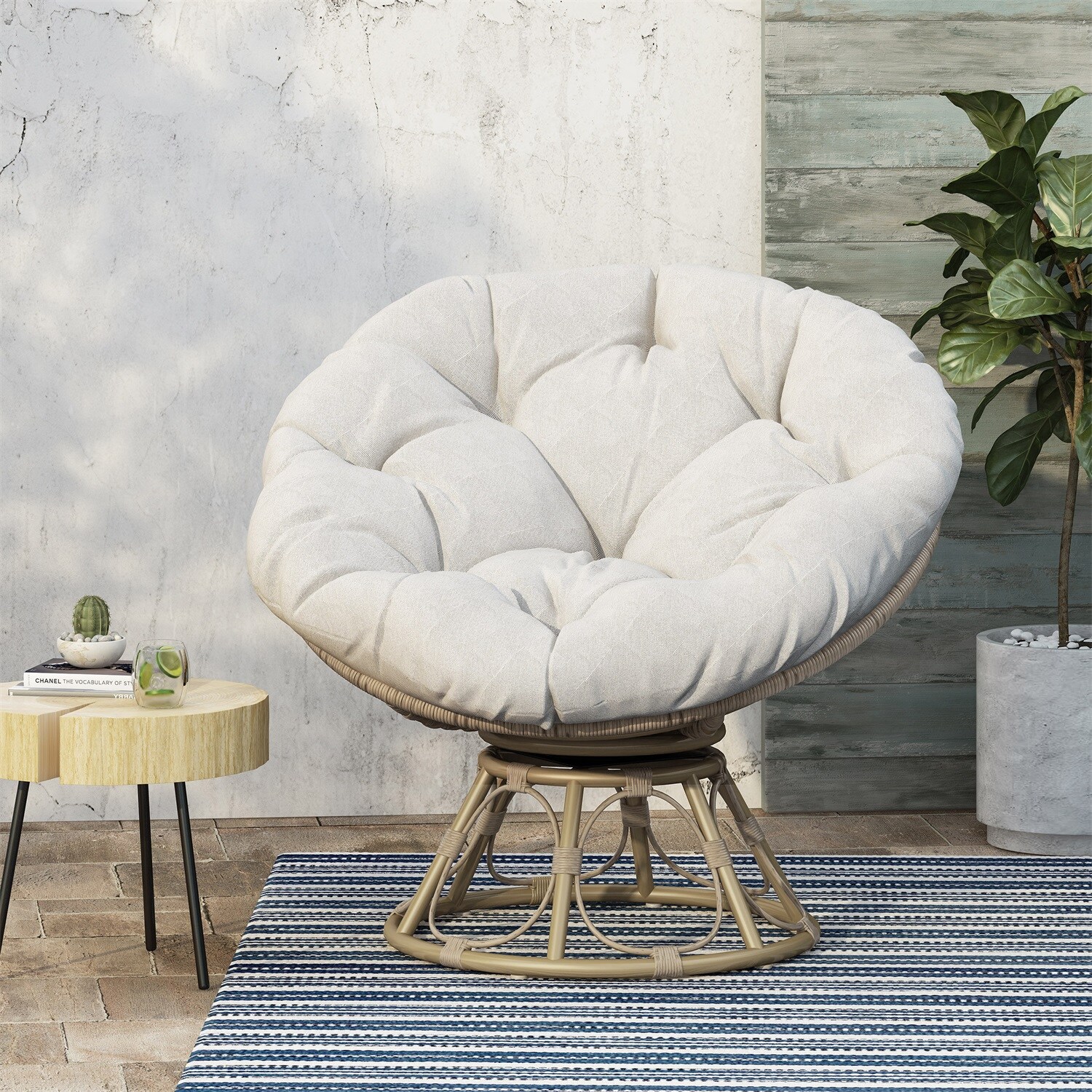 Mondawe MO7610221000001 Wicker Brown Metal Frame Stationary Conversation Chair with Off-white Cushioned Seat