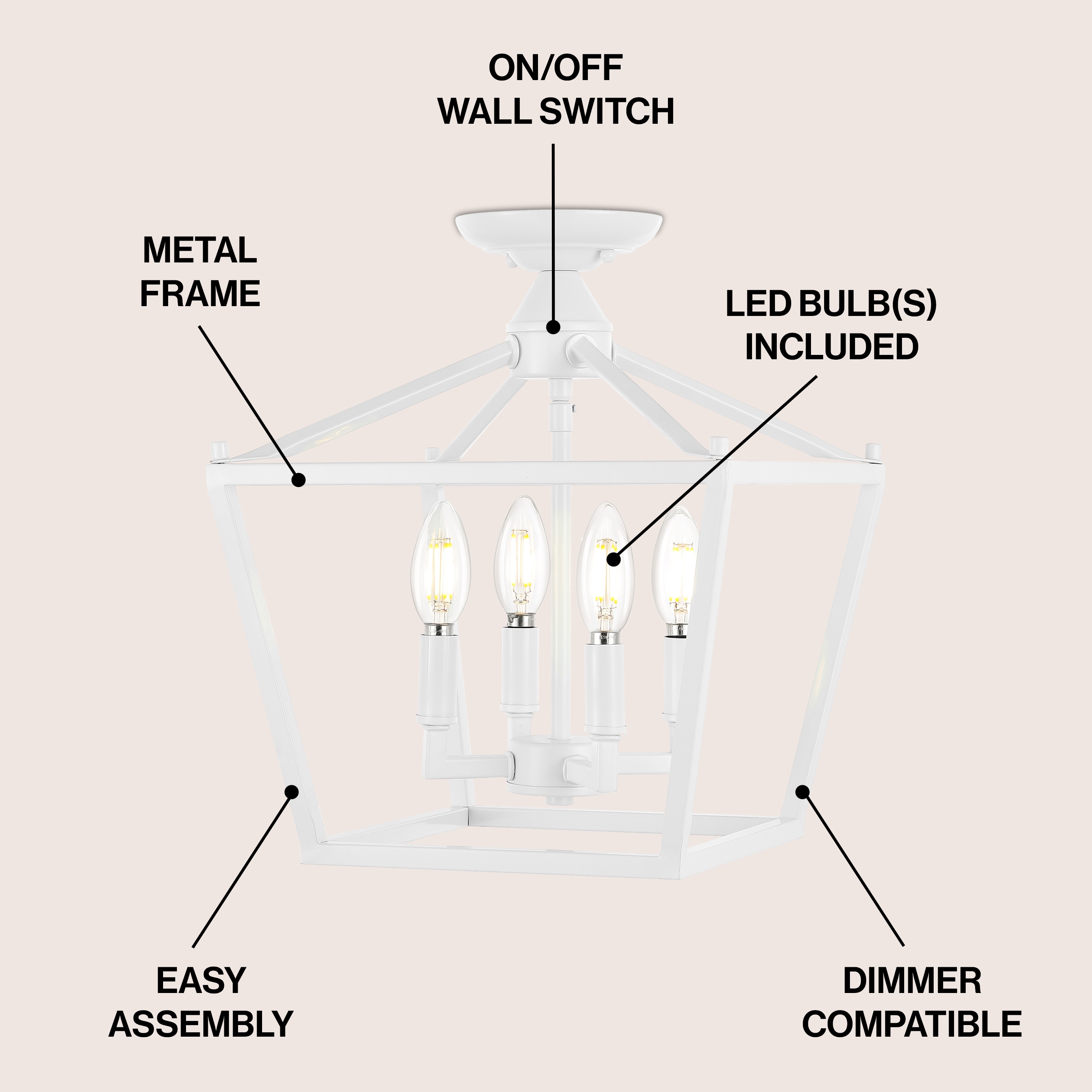 White Iron Farmhouse LED Lantern Flush Mount Light