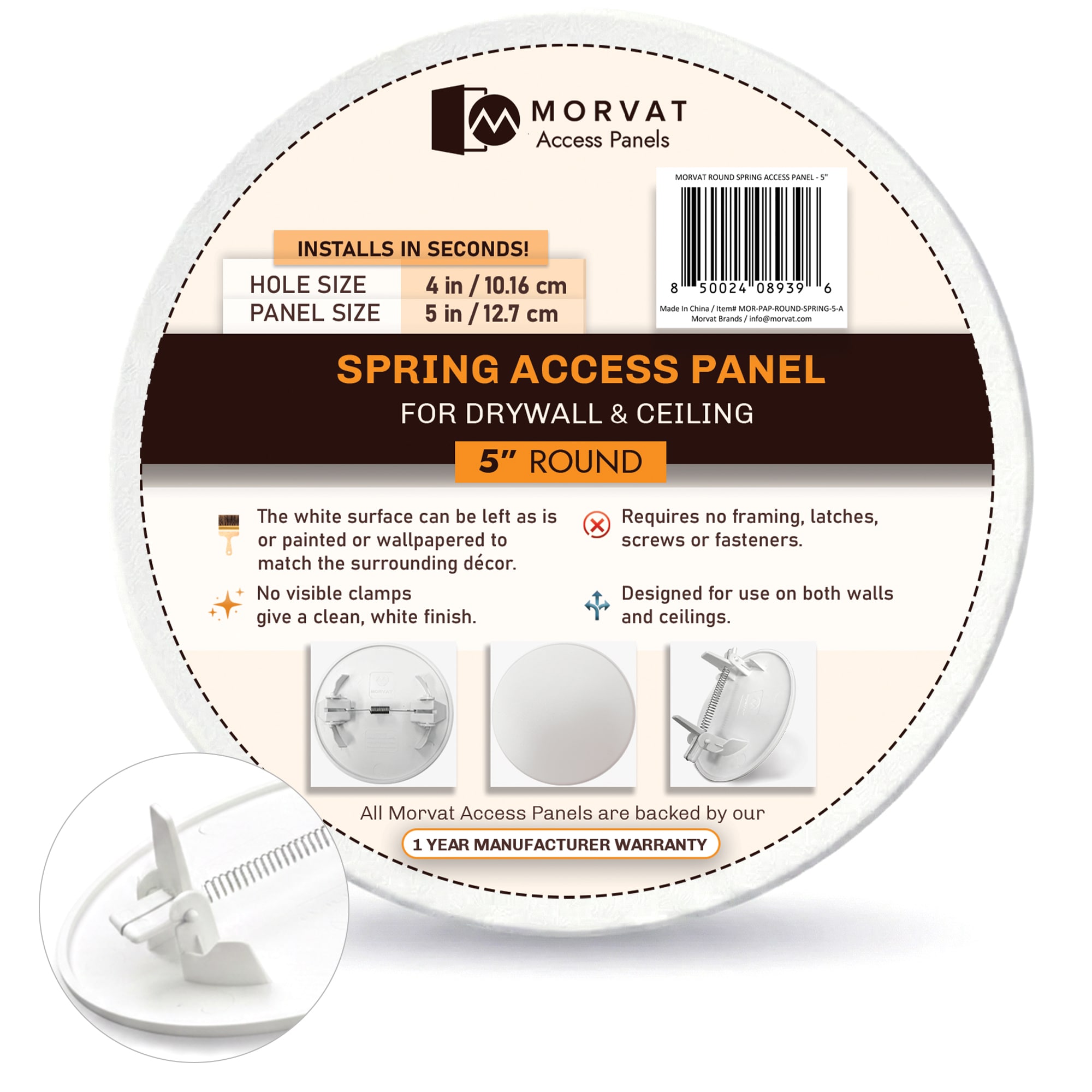 Morvat 5 inch Round Spring Access Panel for Drywall and Ceiling