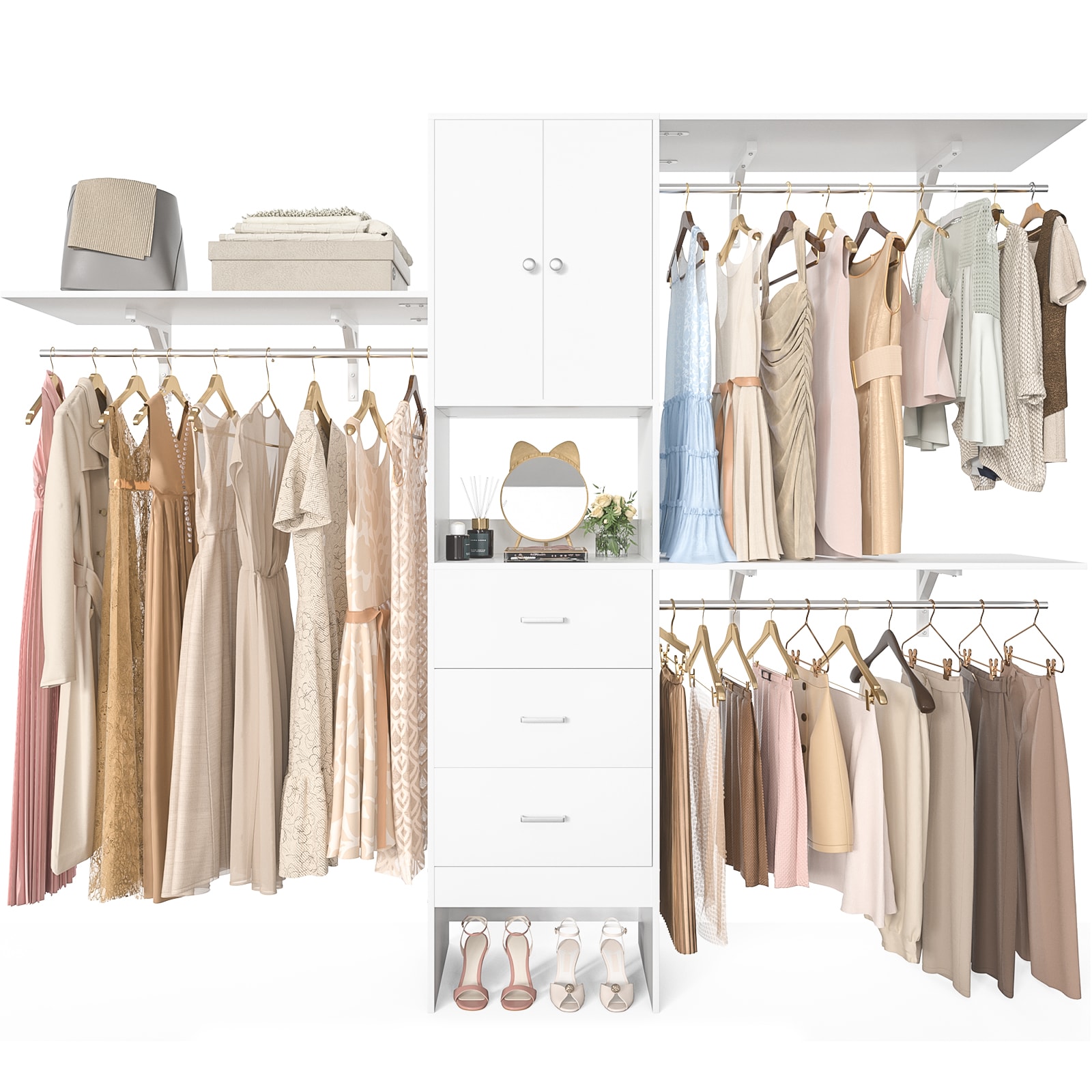 Aheaplus  96 Inches Closet System with Doors 3 Shelving Towers and 3 Wood Drawers