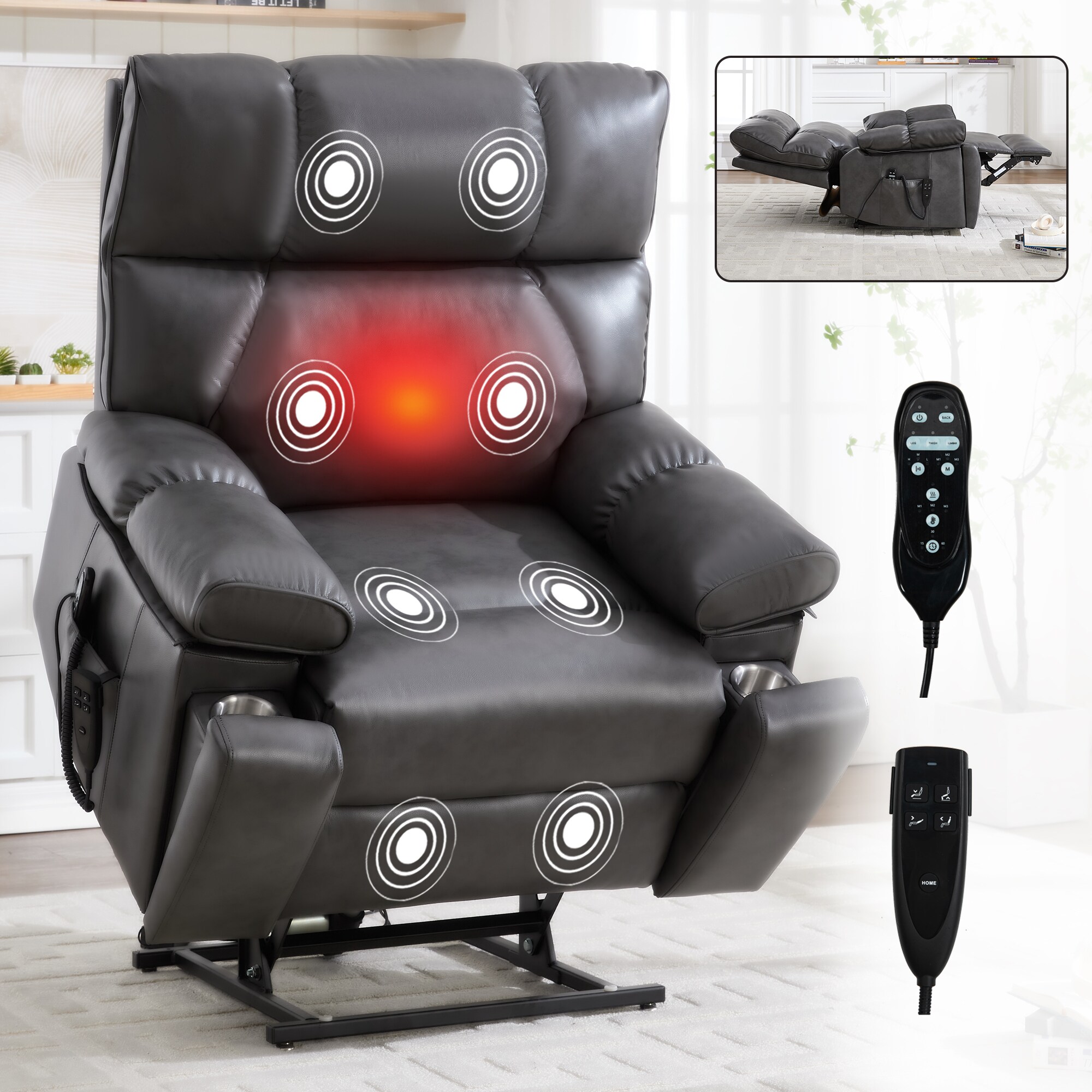 LUXEYARD Dark Grey Leatheraire Heat Massage Dual Motor Power Lift Recliners with Cup Holders Remote Heavy Duty