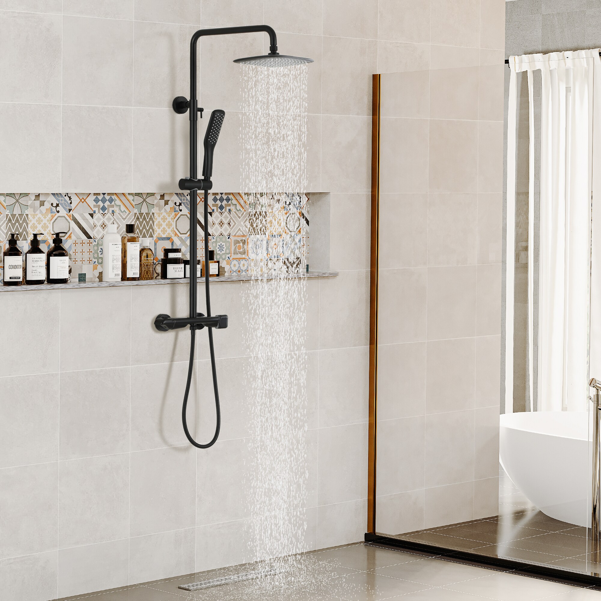 Mondawe Matte Black Dual Head Waterfall Built-In Shower Faucet System ...