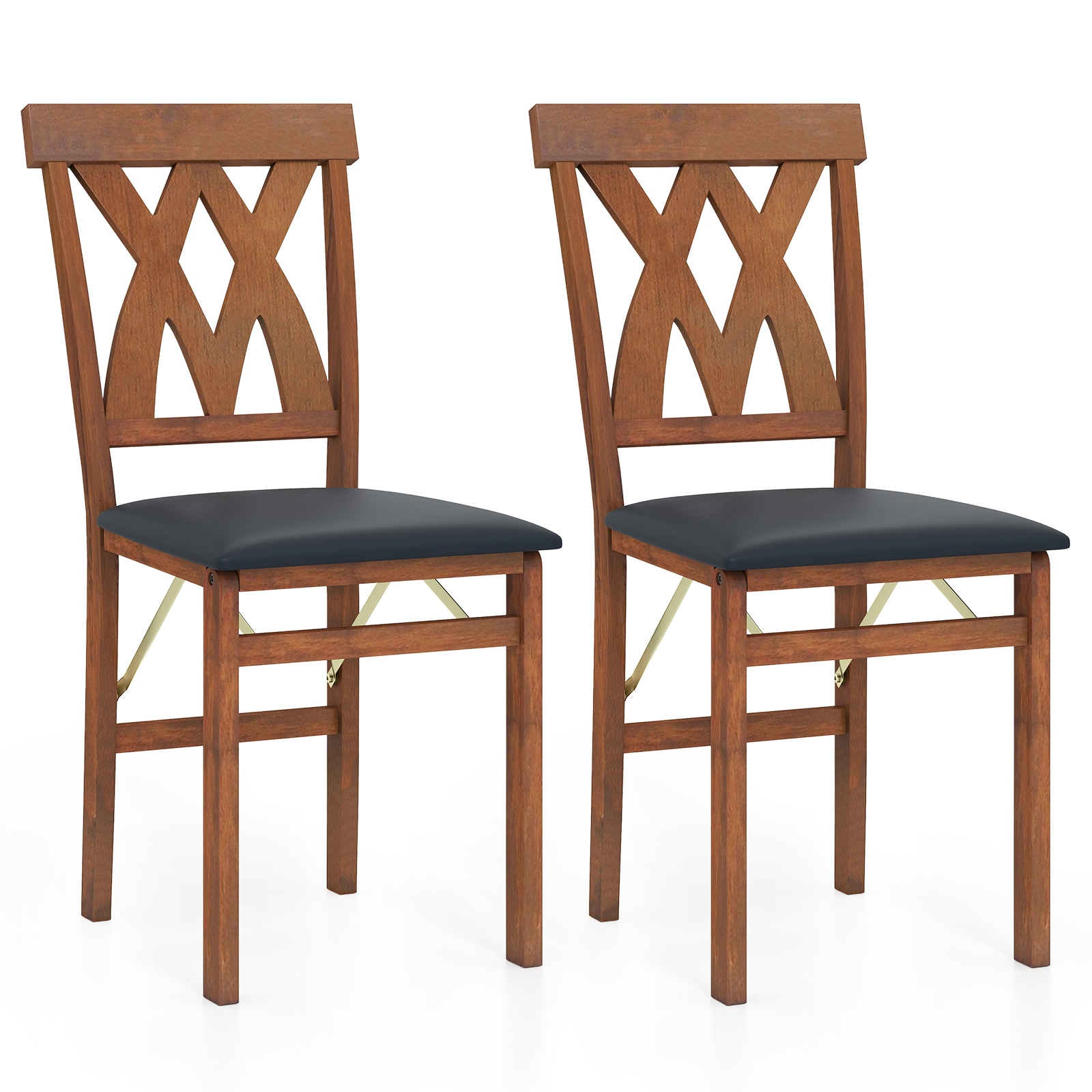 Volenca - Folding Dining Chairs Set of 2 Faux Leather Seat Wooden X-Back Armless Chairs 330 lb Wa...