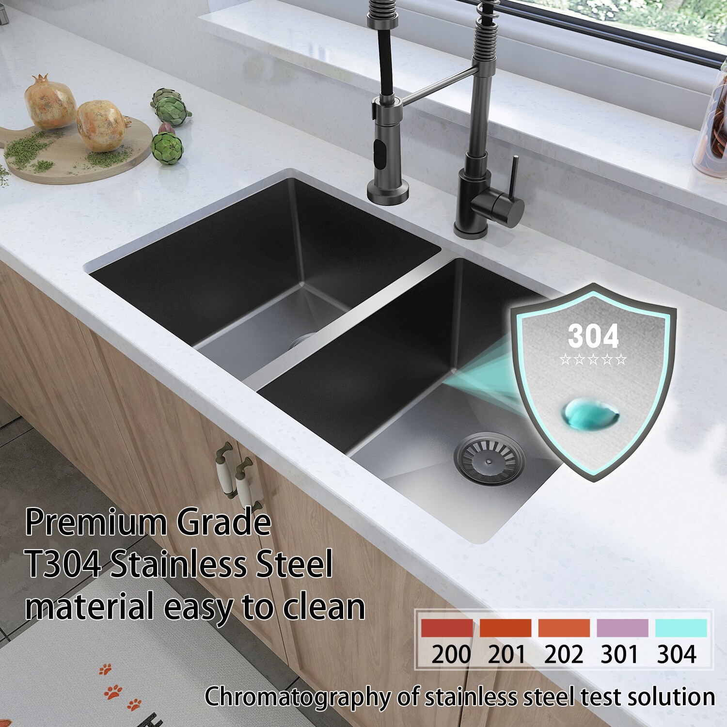 Sinber 32" Black Stainless Steel Double Bowl Undermount Kitchen Sink