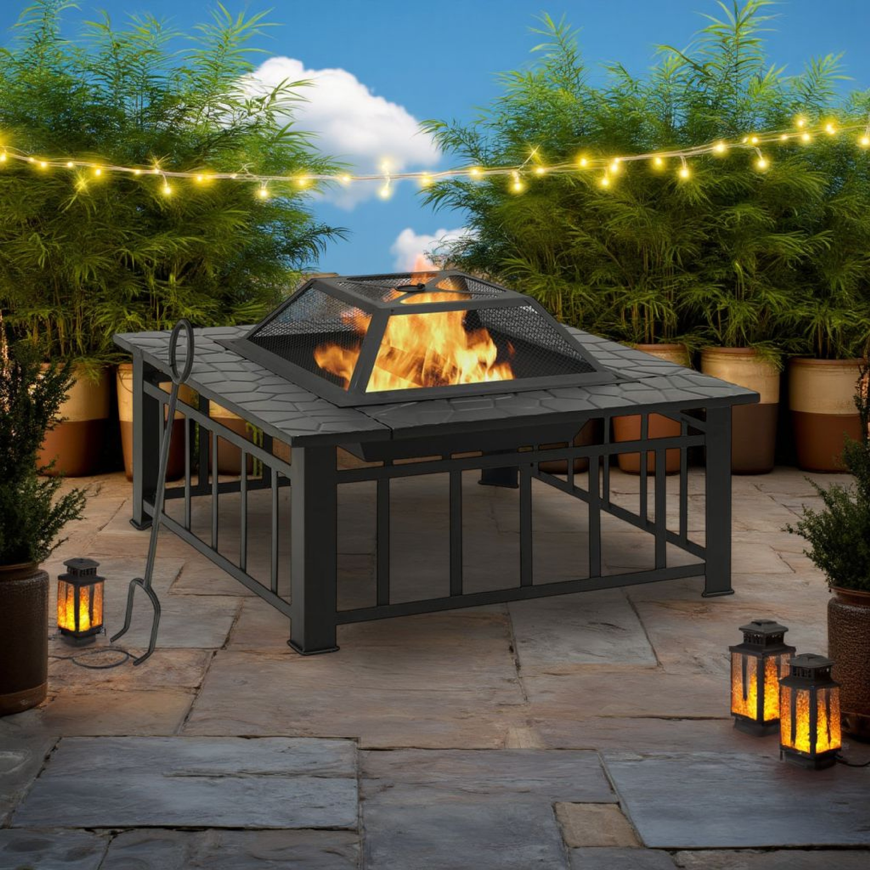 Benzara - 31.9 in Black Steel Outdoor Fire Pit with Poker and Mesh Cover