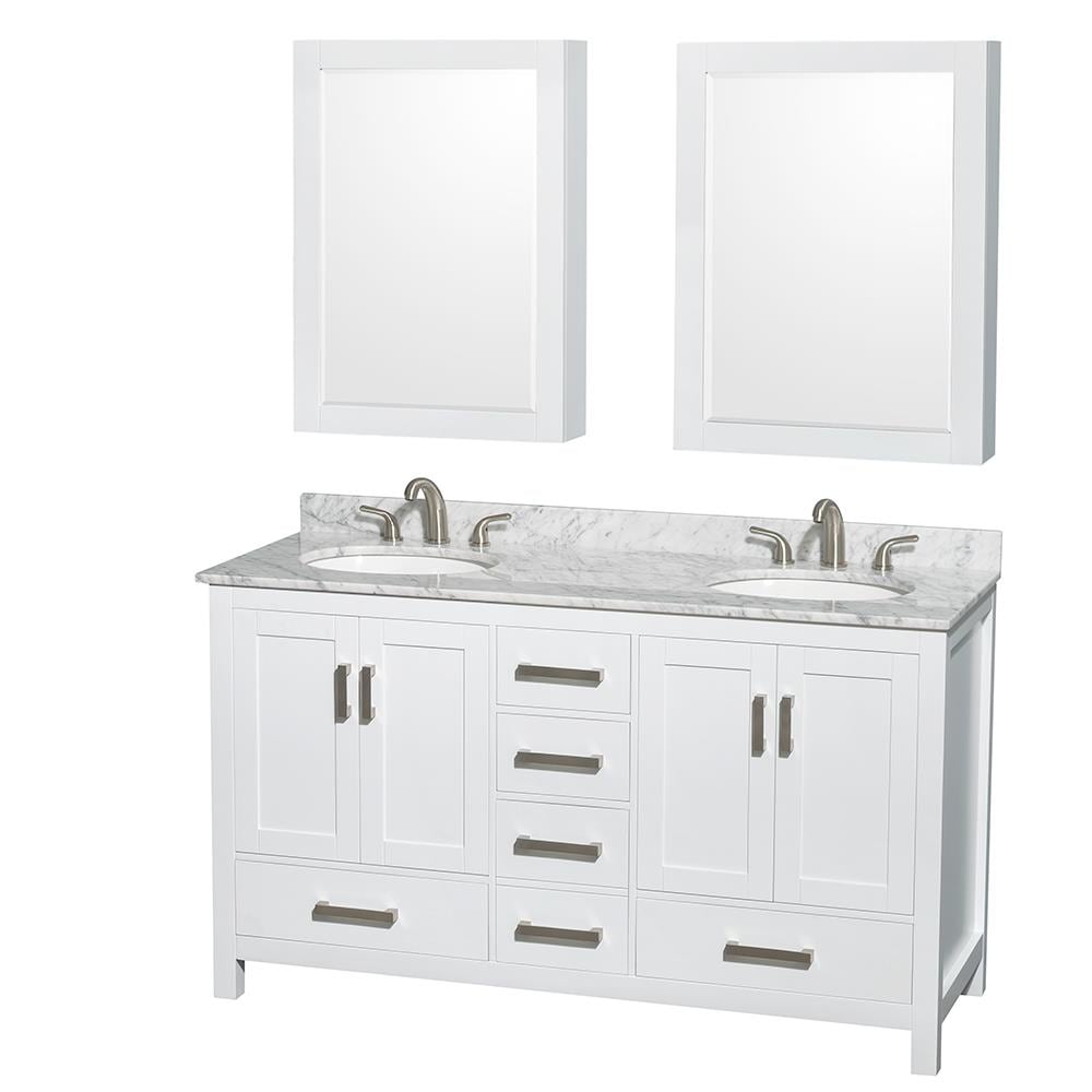 Wyndham Collection WCS141460DWHCMUNOMED Sheffield 60-in White with Brushed Chrome Trim Undermount Double Sink Bathroom Vanity with White Carrara Marble Natural Marble Top (Mirror Included)