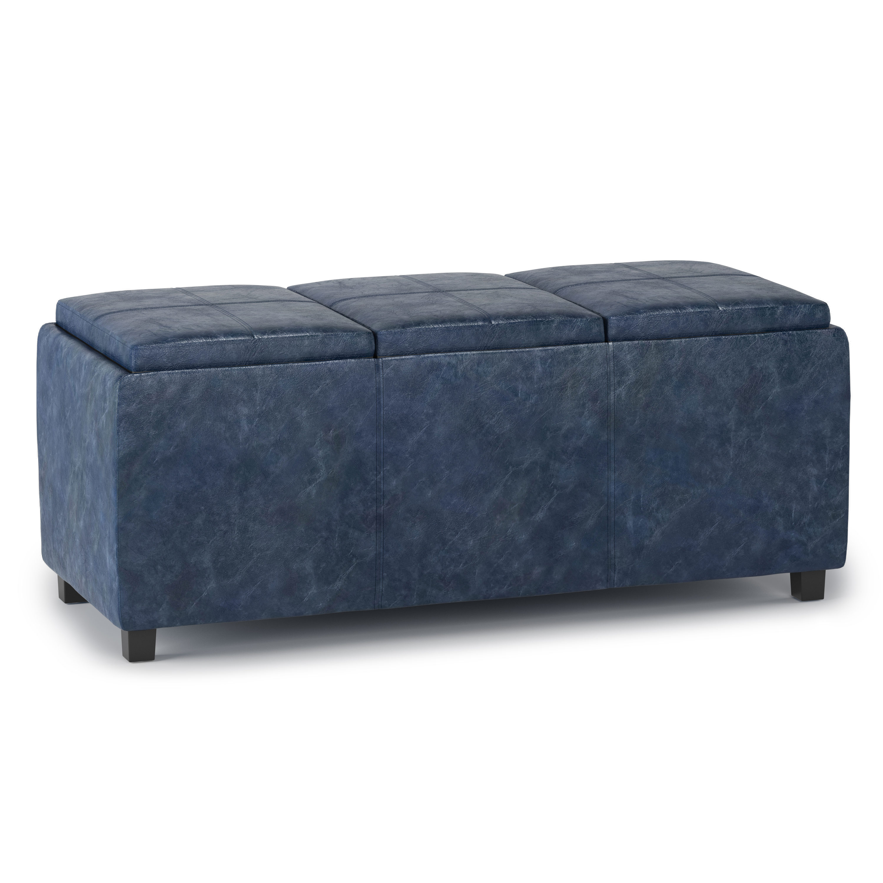 Simpli Home AVAOTBNCH02-DBU Avalon Modern Denim Blue Faux leather Storage Ottoman