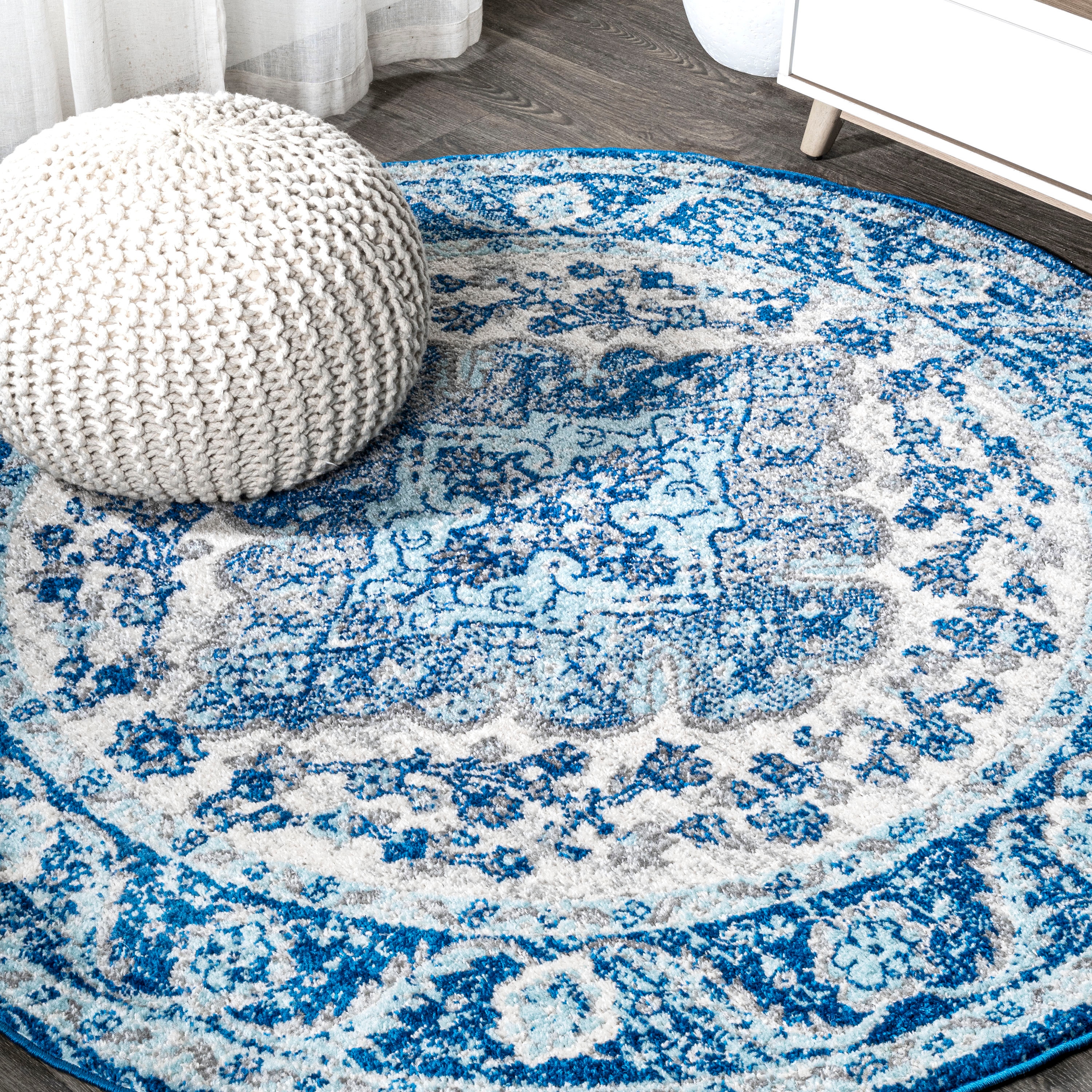 JONATHAN  Y BMF106B-5R Bohemian Flair 5 x 5 (ft) Loomed Polypropylene Cream/Blue Round Indoor Medallion Vintage Area rug