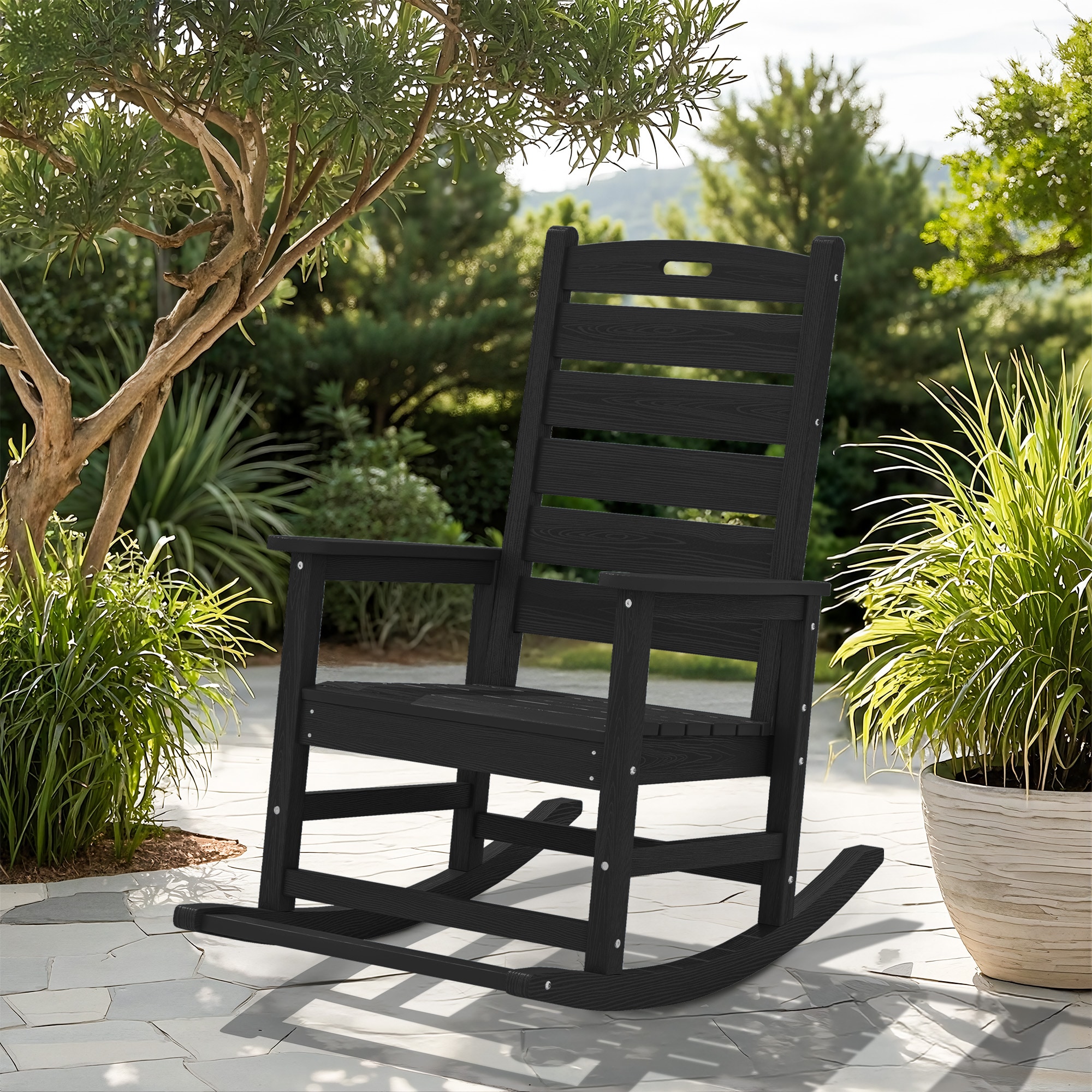 VOUA WYYY-BK Poly Black HDPE Frame Rocking Chair with Solid Seat