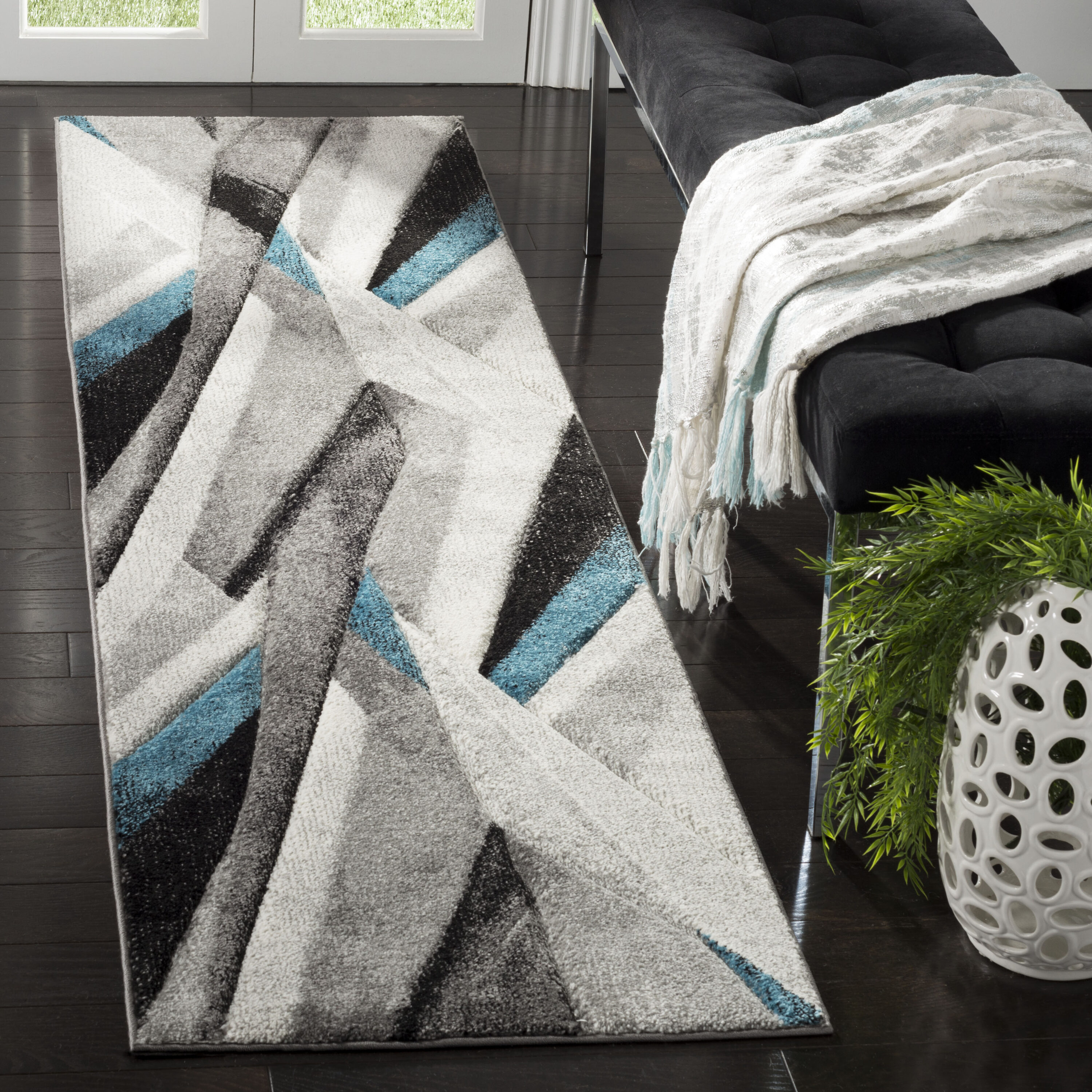 Safavieh HLW710D-210 Hollywood Kodra 2 x 10 (ft) Loomed Polypropylene Gray/Teal Rectangular Indoor Geometric Mid-Century Modern Runner rug