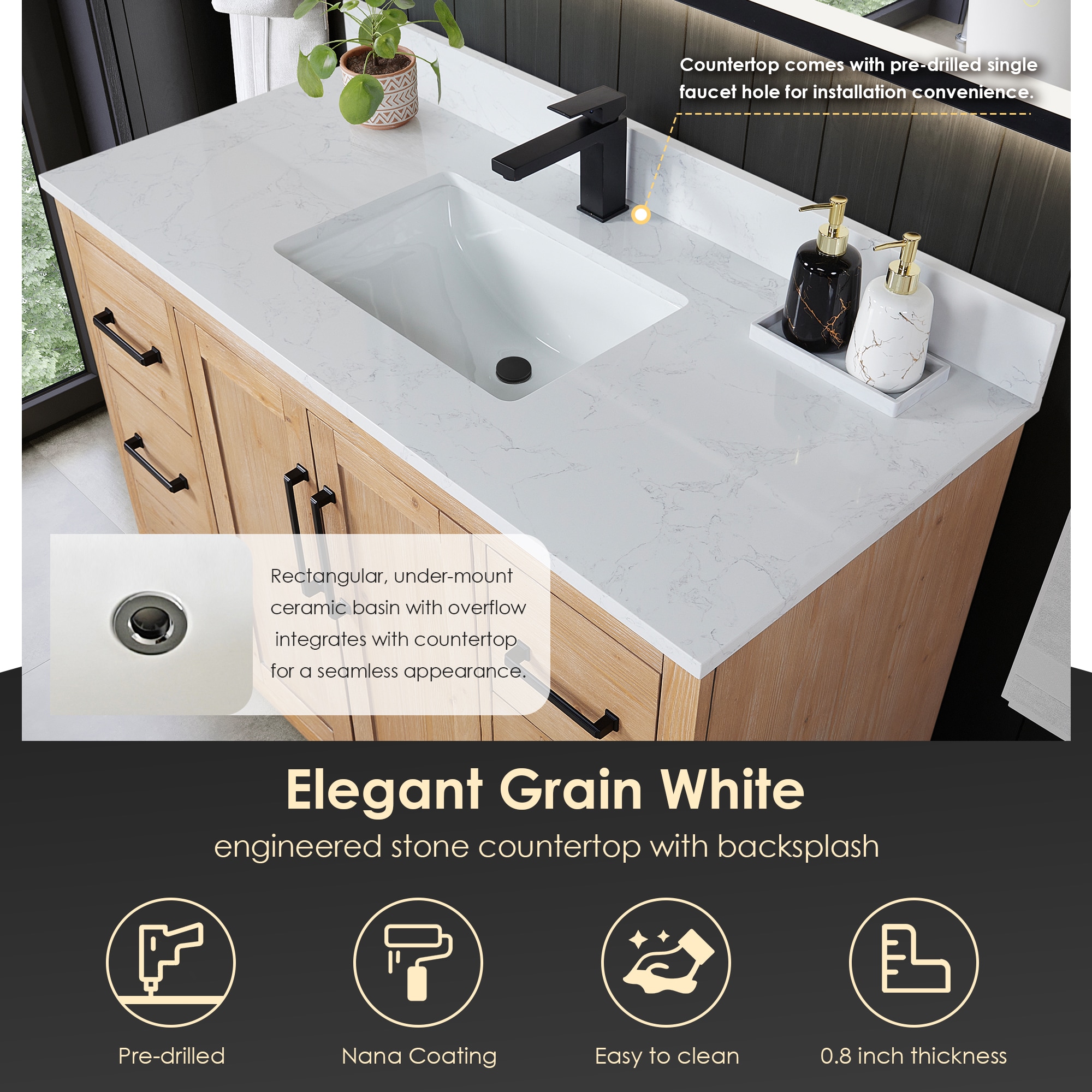 Cicero 48" Light Brown Fir Wood Vanity with White Stone Top and Mirror