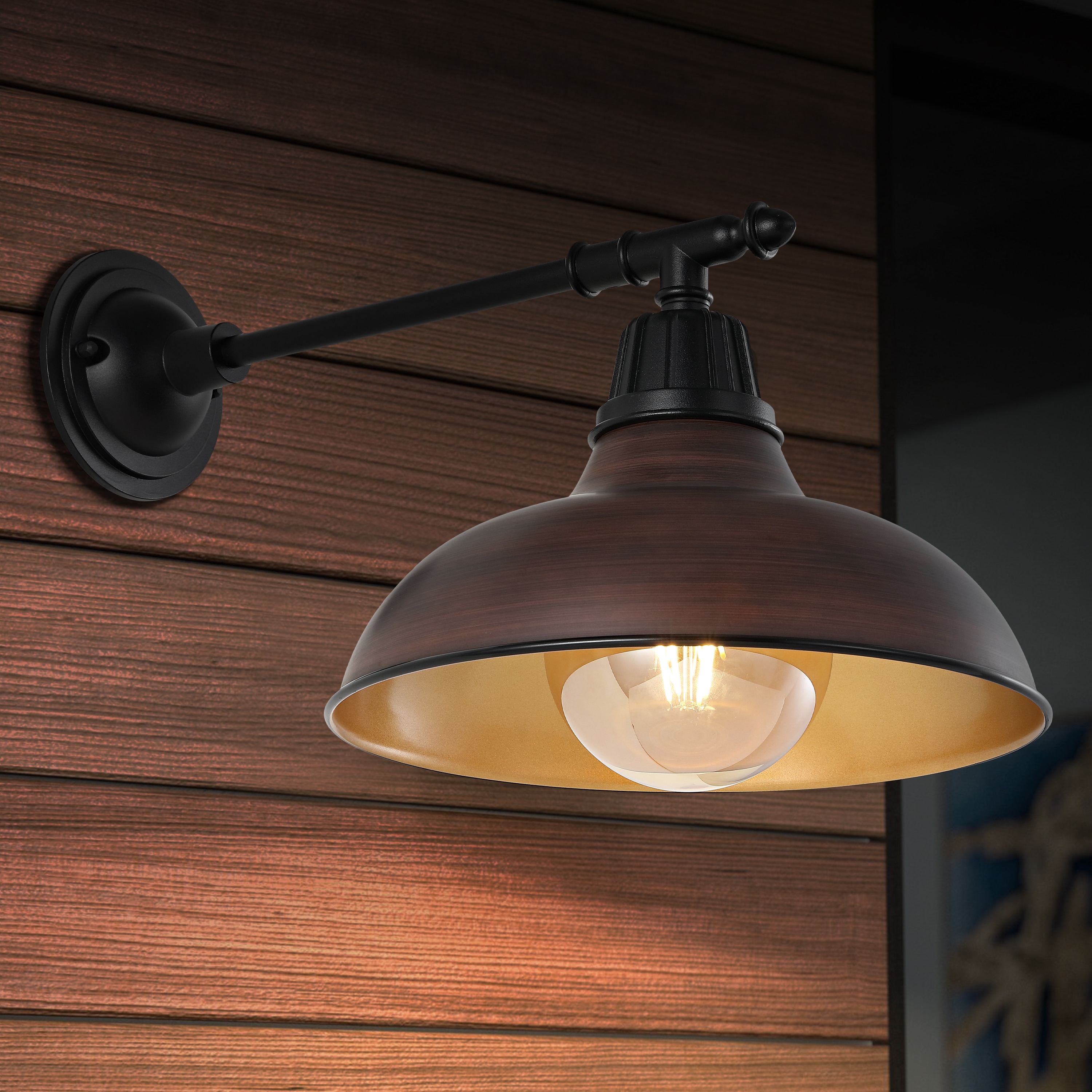 JONATHAN  Y JYL7615G Wallace Farmhouse Industrial Iron Victorian Arm 1 -Light 12.5-in H Polished Brown Hardwired Outdoor Wall Light
