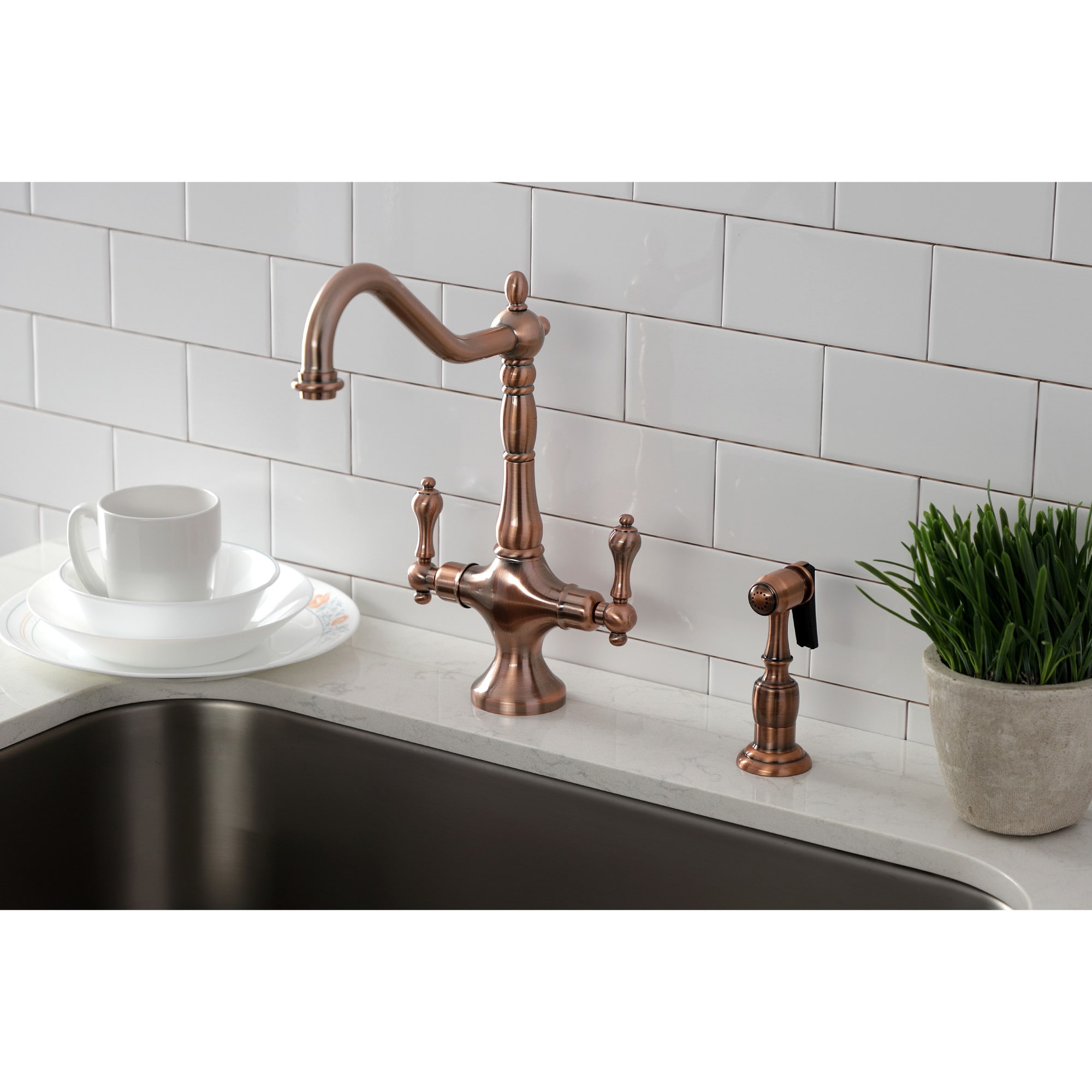 Kingston Brass WLKS177ALBSAC Heritage Antique copper Double Handle Deck-mount Kitchen Faucet with Sprayer ( Side Sprayer Included )