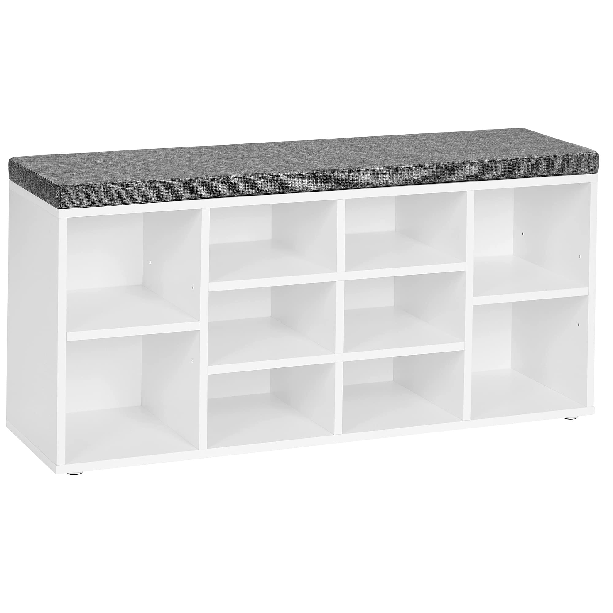 SONGMICS HOME LHS012W14 Shoe Bench – Storage Bench with Padded Seat with 12 Compartments Cloud White and Slate Gray