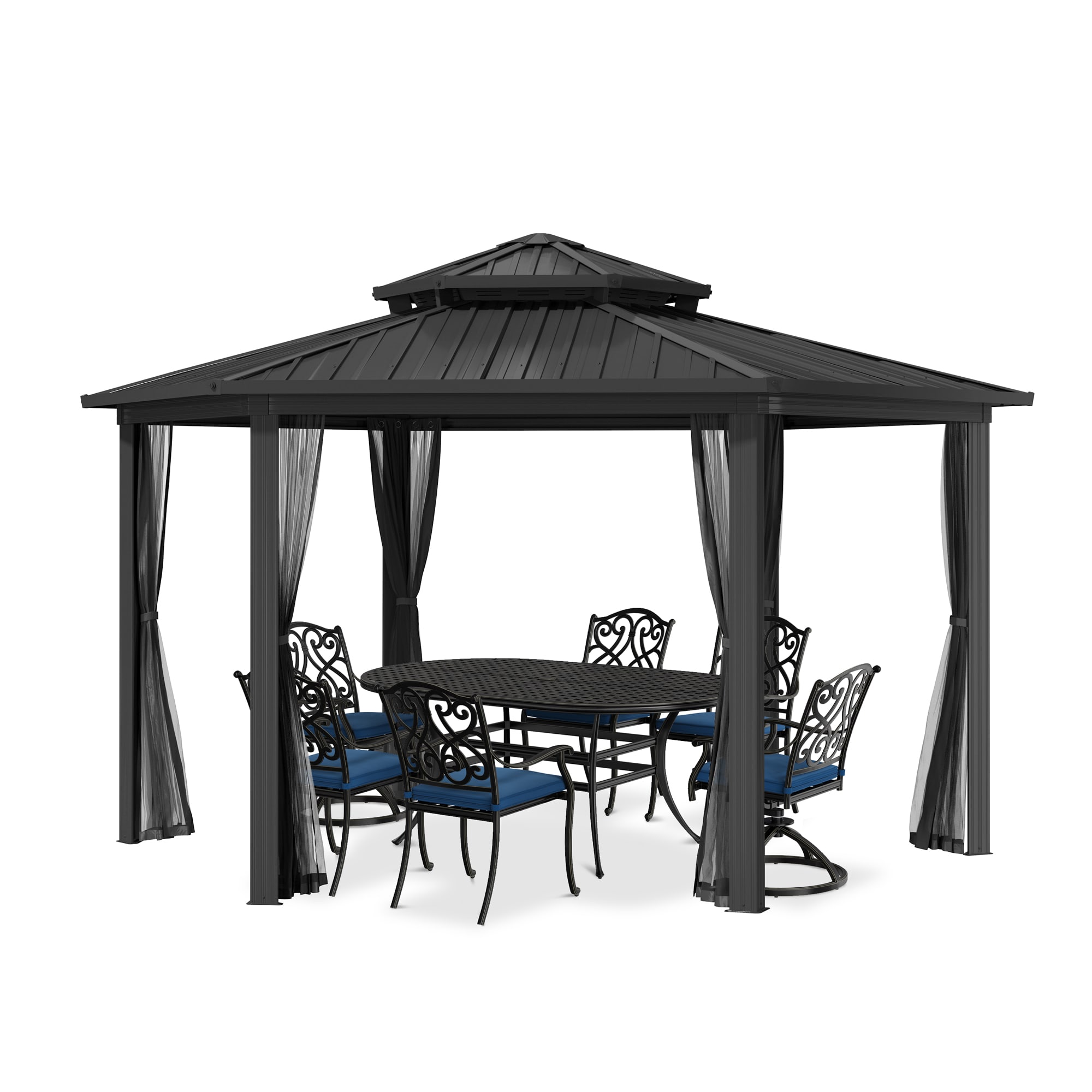 Mondawe 15-ft x 15-ft Hexagon Black Metal Steel Roof Gazebo with Screen ...