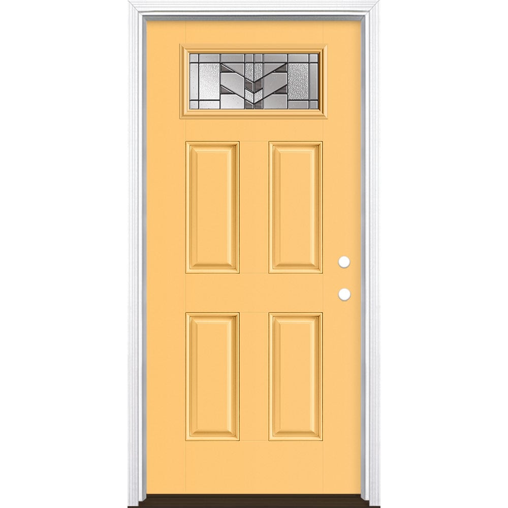 Masonite 3420465 Frontier 36-in x 80-in x 4-9/16-in Fiberglass 1/4 lite Left-hand inswing Cabana Yellow Painted Prehung Front Door with Brickmould Insulating core